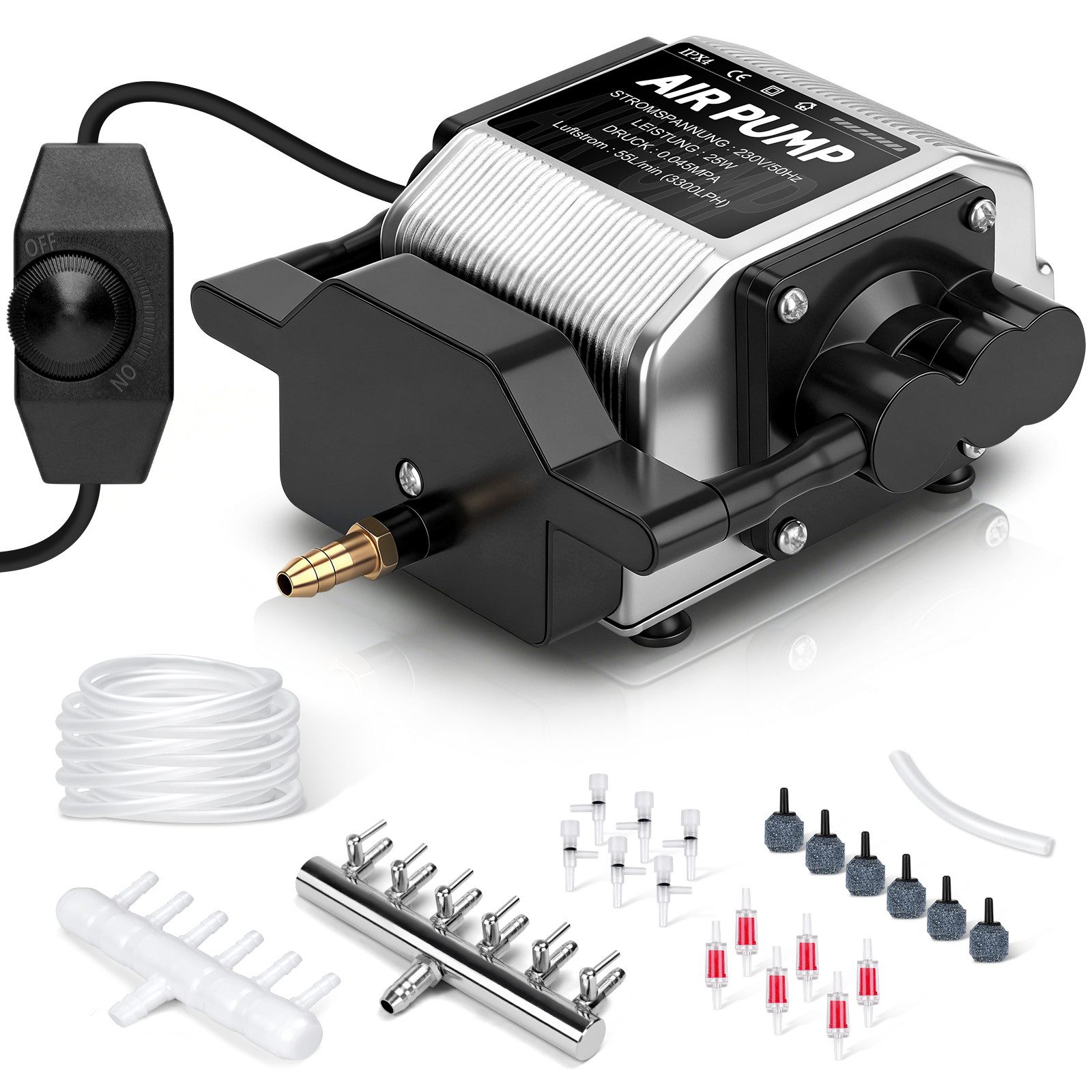XIIW Aquarienpumpe 25W 3300L/H Alu Luftpumpe Aquarium Sauerstoffpumpe Belüfterpumpe (Regelbare Teichbelüfter mit 6 Luftstein + 6 Ausgänge), Belüfter für Aquarium Hydroponisch und Gartenteiche
