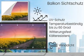 MuchoWow Balkonsichtschutz Blumen - Straße - Himmel - Gelb - Lila - Sonnenuntergang - Natur (1-St) Balkonbanner, Sichtschutz für den Balkon, Robustes und wetterfest
