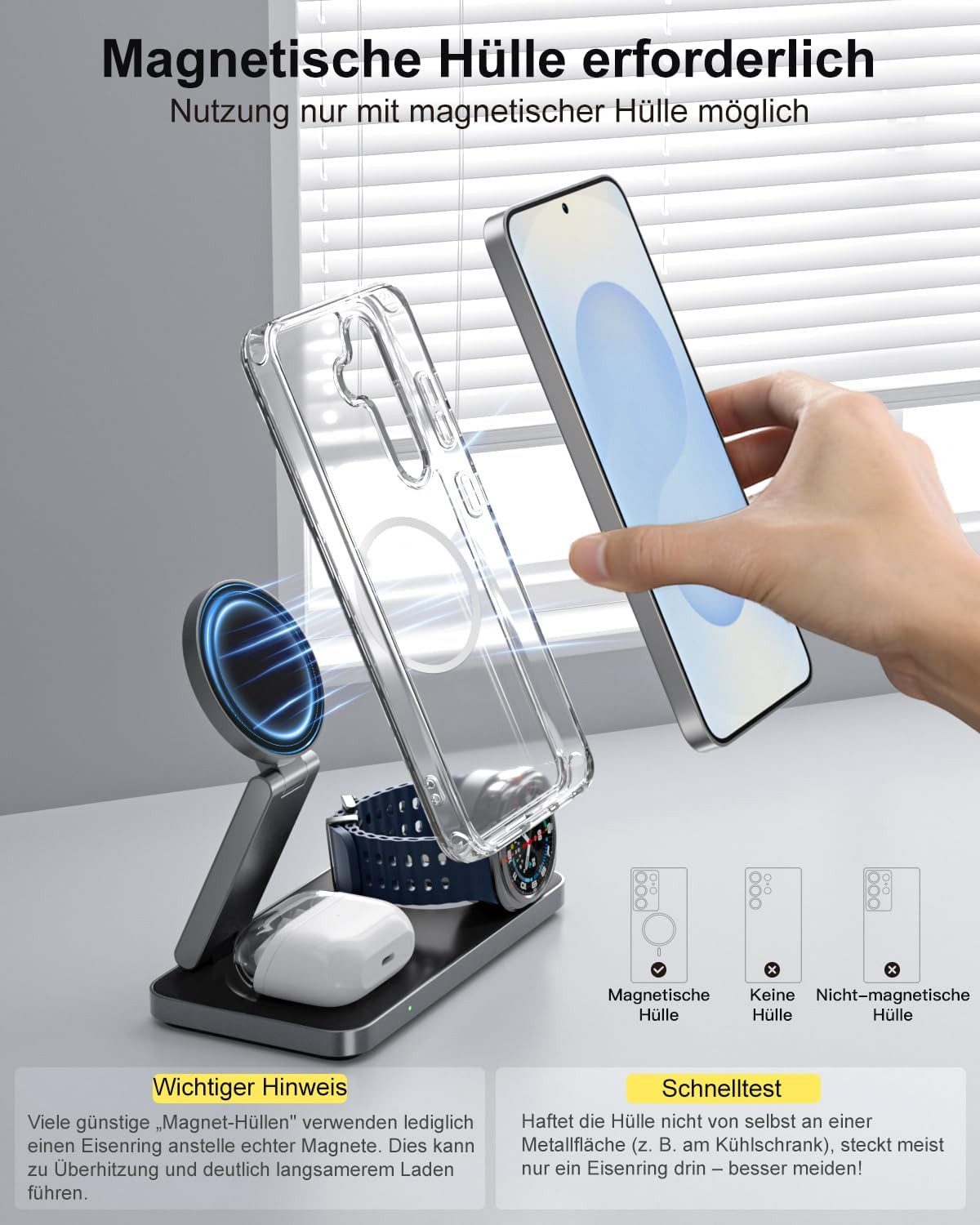 GreenHec 3in1 Ladestation für Samsung S26 S25 S24 S23, Magnetisch, Induktiv Wireless Charger (Spar-Set, Wireless Charging Pad, Watch Charger, MagSafe kompatibel – Bild 3 von 5