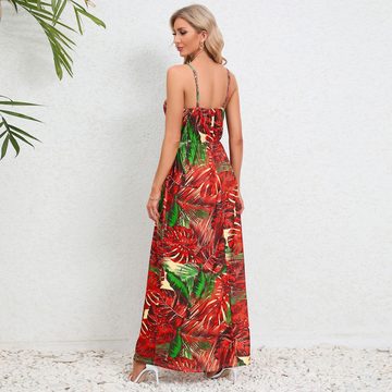 Orient Phoenix Strandkleid Damen Blumenmuster Boho-V-Ausschnitt fließende Strandkleider Sommer-Lässiges für tropisches lange Spaghettiträger Kleider
