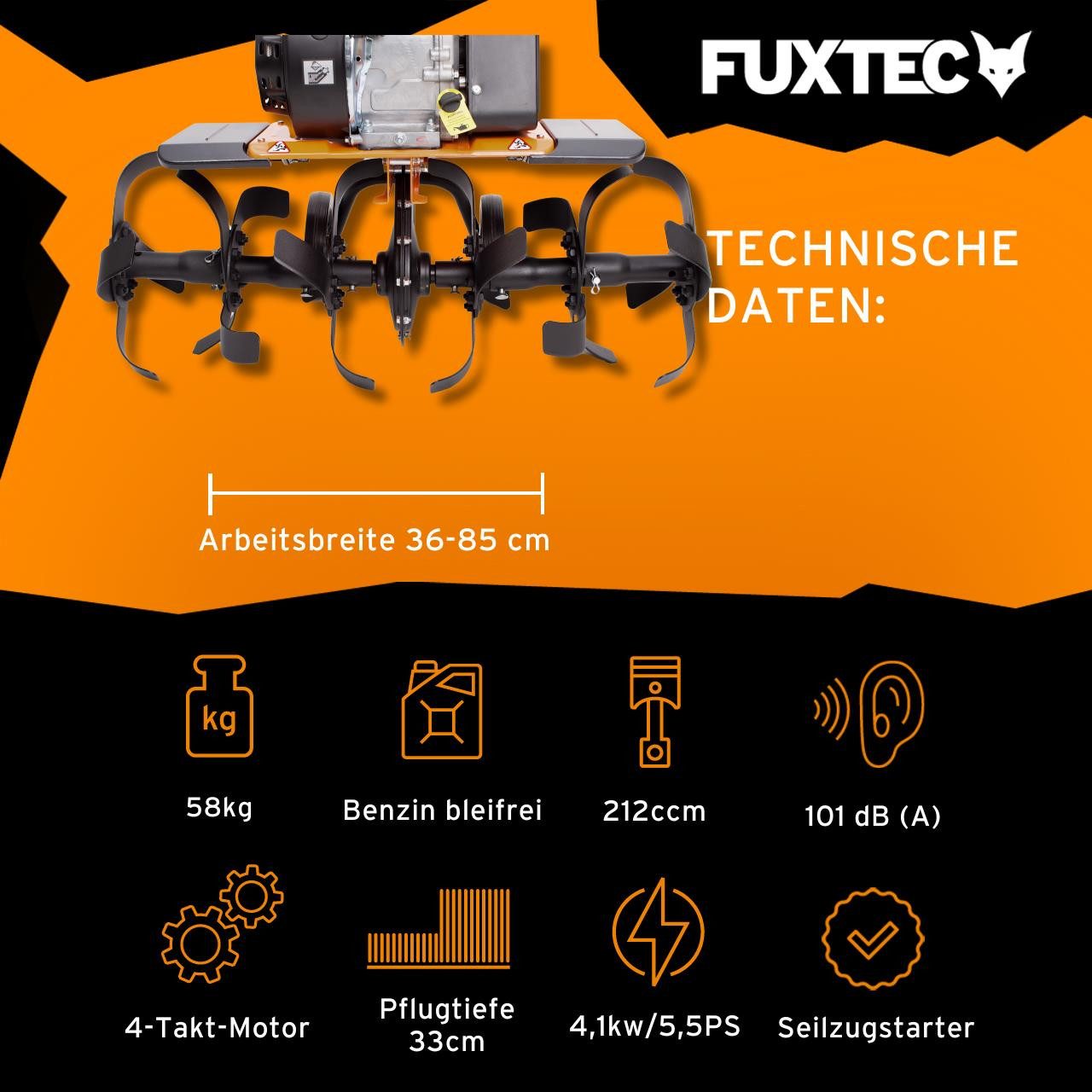 FUXTEC Benzinmotorhacke FX-AF1212, 212cc 4-Takt-Motor, 85cm Arbeitsbreite, 33cm Arbeitstiefe