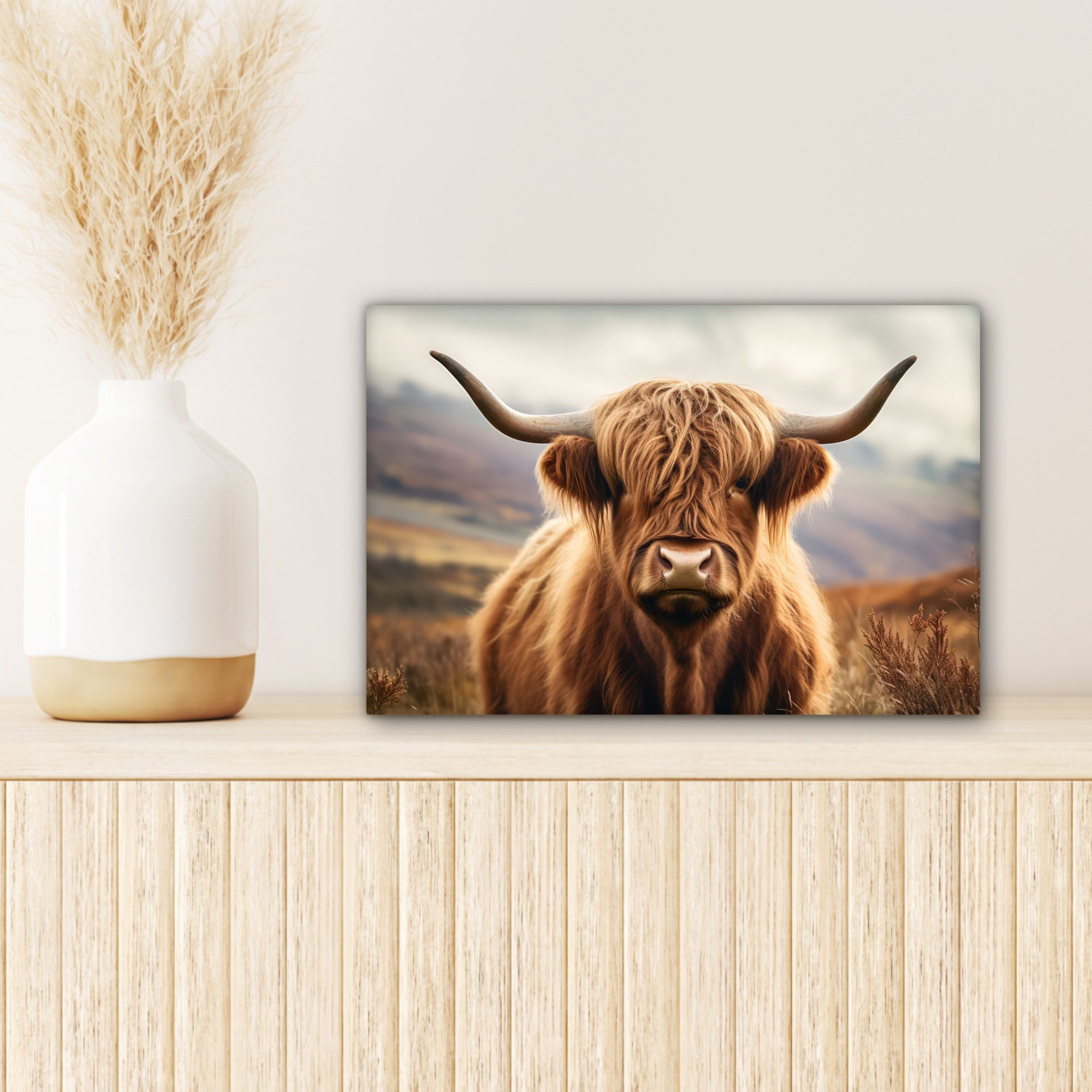 OneMillionCanvasses® Leinwandbild Schottische Highlander - Landschaft - Tier, Fotodruck (1 St), Leinwand Bilder Klein, Wand Dekoration Aesthetic 30x20 cm