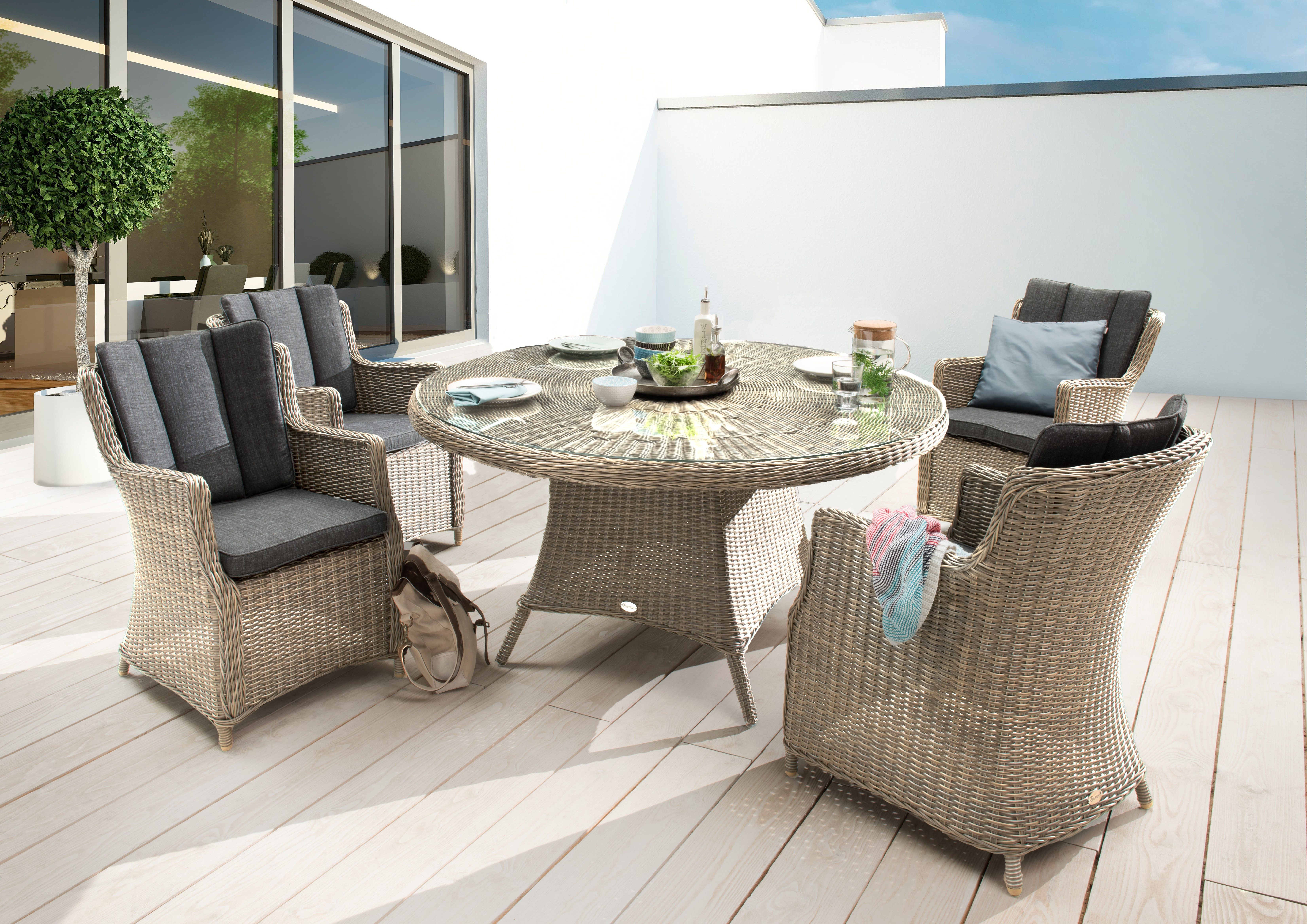 Destiny Garten-Essgruppe LUNA, Esstisch Ø150cm mit 4 Sesseln inkl. Polster, Aluminium + Polyrattan