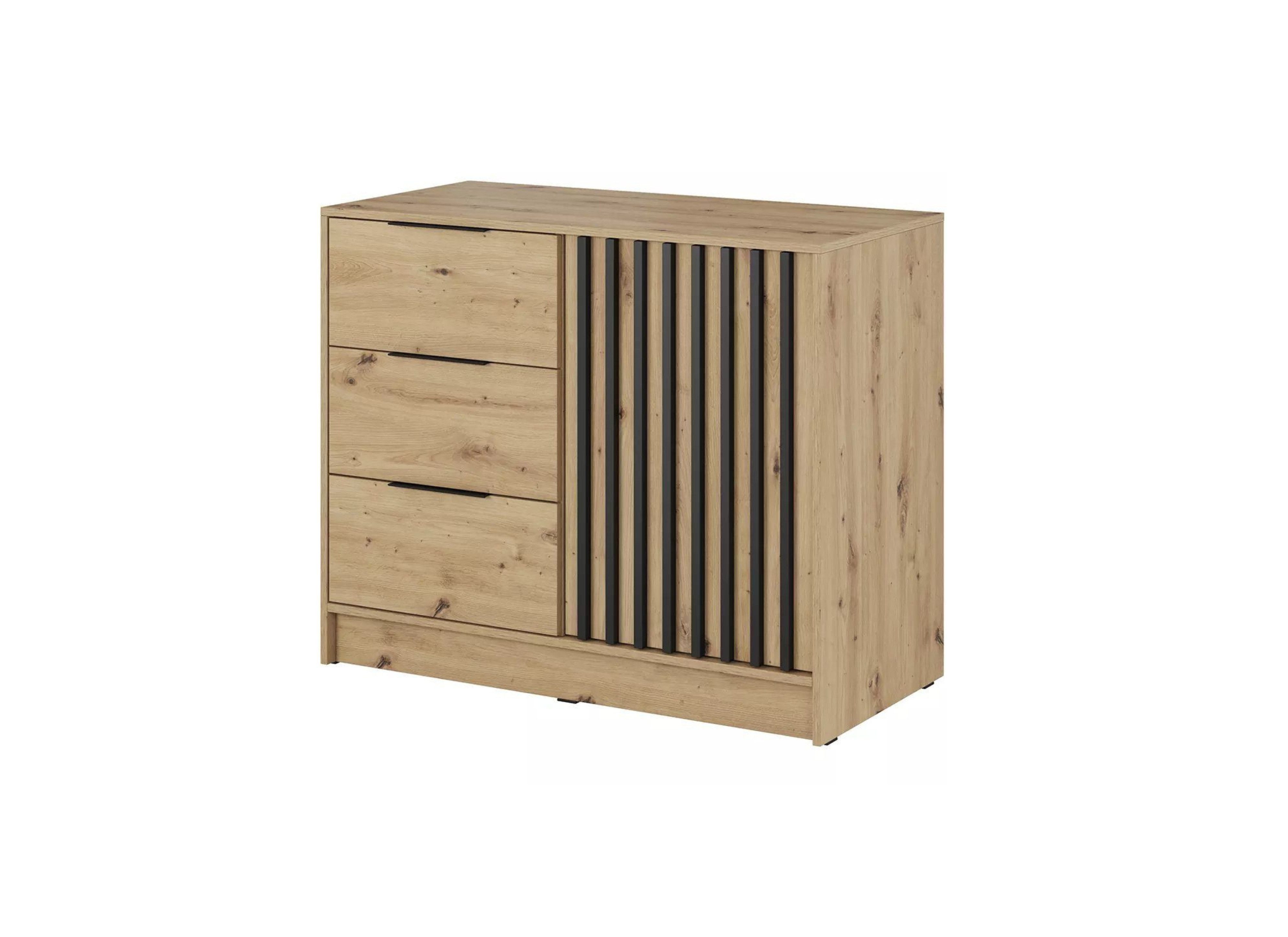 MOEBLO Kommode JOHN 2D (dekorative Lamellen Schrank Sideboard mit Türen und 3 Schubladen, Moderne Wohnzimmer Schlafzimmer Möbel Kommode für Wohnzimmer), (BxHxT): 105x86x45 cm