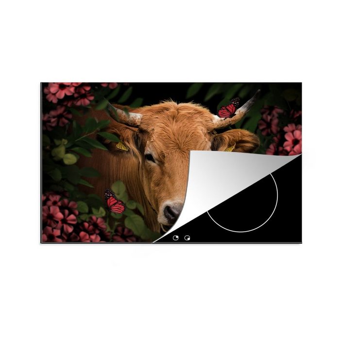 MuchoWow Herdblende-/Abdeckplatte Kuh - Blumen - Tiere - Braun Vinyl (1 tlg) Ceranfeldabdeckung für die küche Induktionsmatte