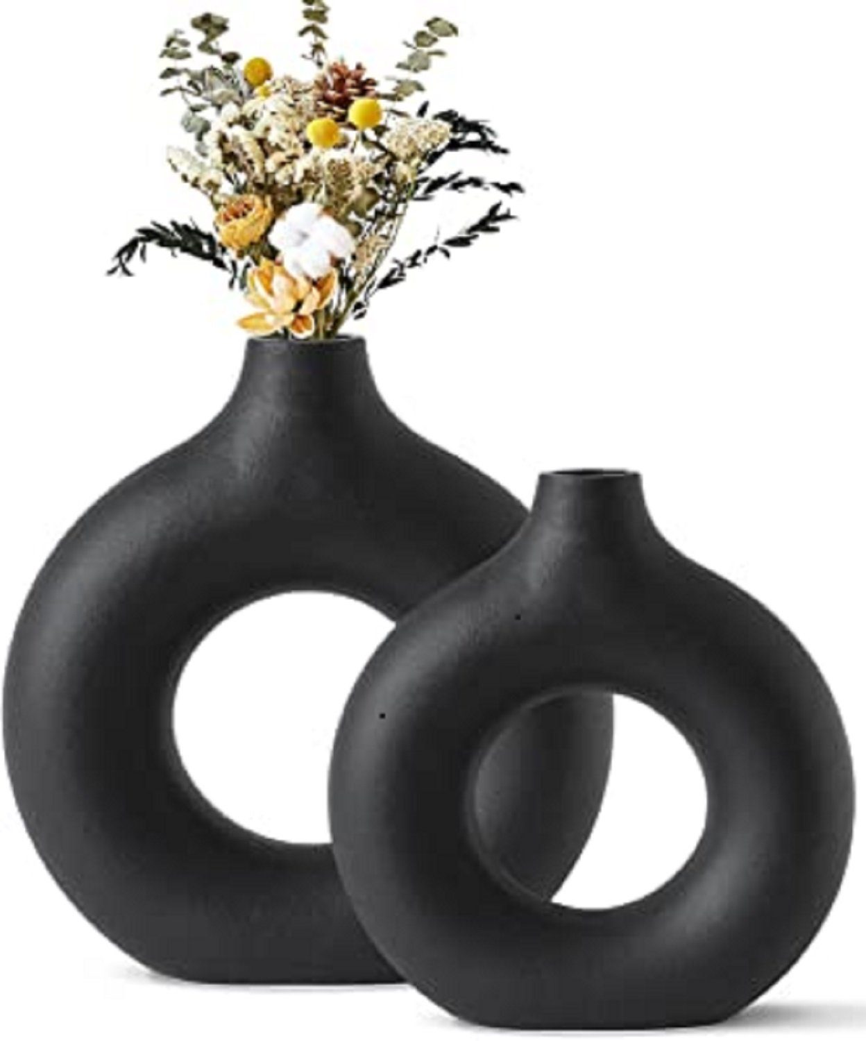 (2 Vasen St), Vicbuy Vase, Dekovase Schwarz Keramik matt, L+M Pampasgras-Vase,