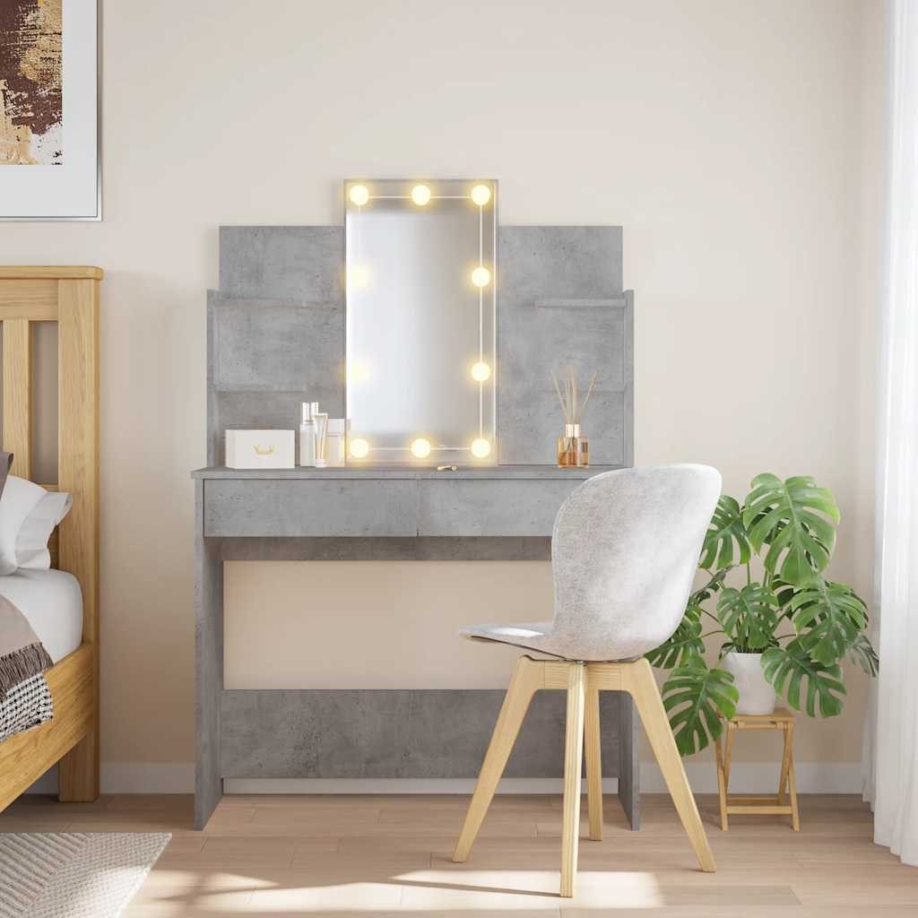 furnicato Schminktisch mit Spiegel und LED-Beleuchtung 96x40x142 cm Betongrau (1-St), Frisiertisch mit dimmbarer Beleuchtung, Schubladen und Ablageflächen