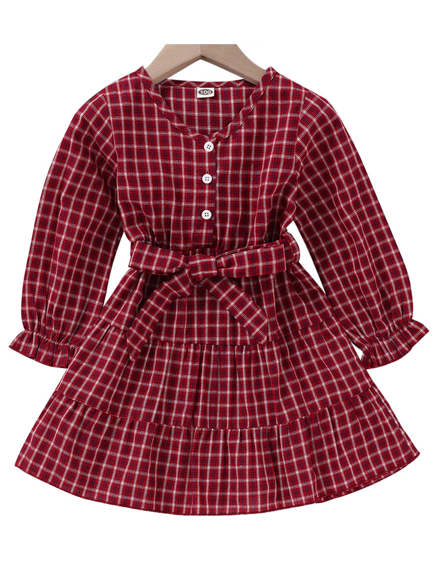 Kinder Kids (Gr. 92 -146) Lapastyle A-Linien-Kleid Plaid Langarmkleid mit V-Ausschnitt für Mädchen