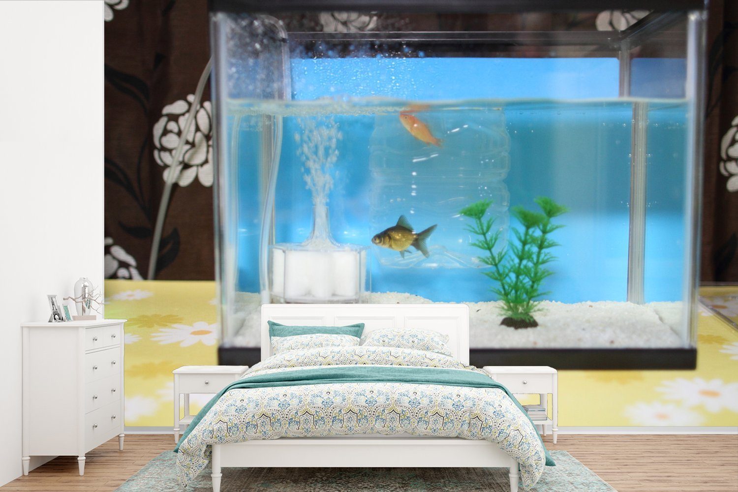 MuchoWow Fototapete Zwei Fische in einem Aquarium, Matt, bedruckt, (6 St), Wallpaper für Wohnzimmer, Schlafzimmer, Kinderzimmer, Vinyl Tapete