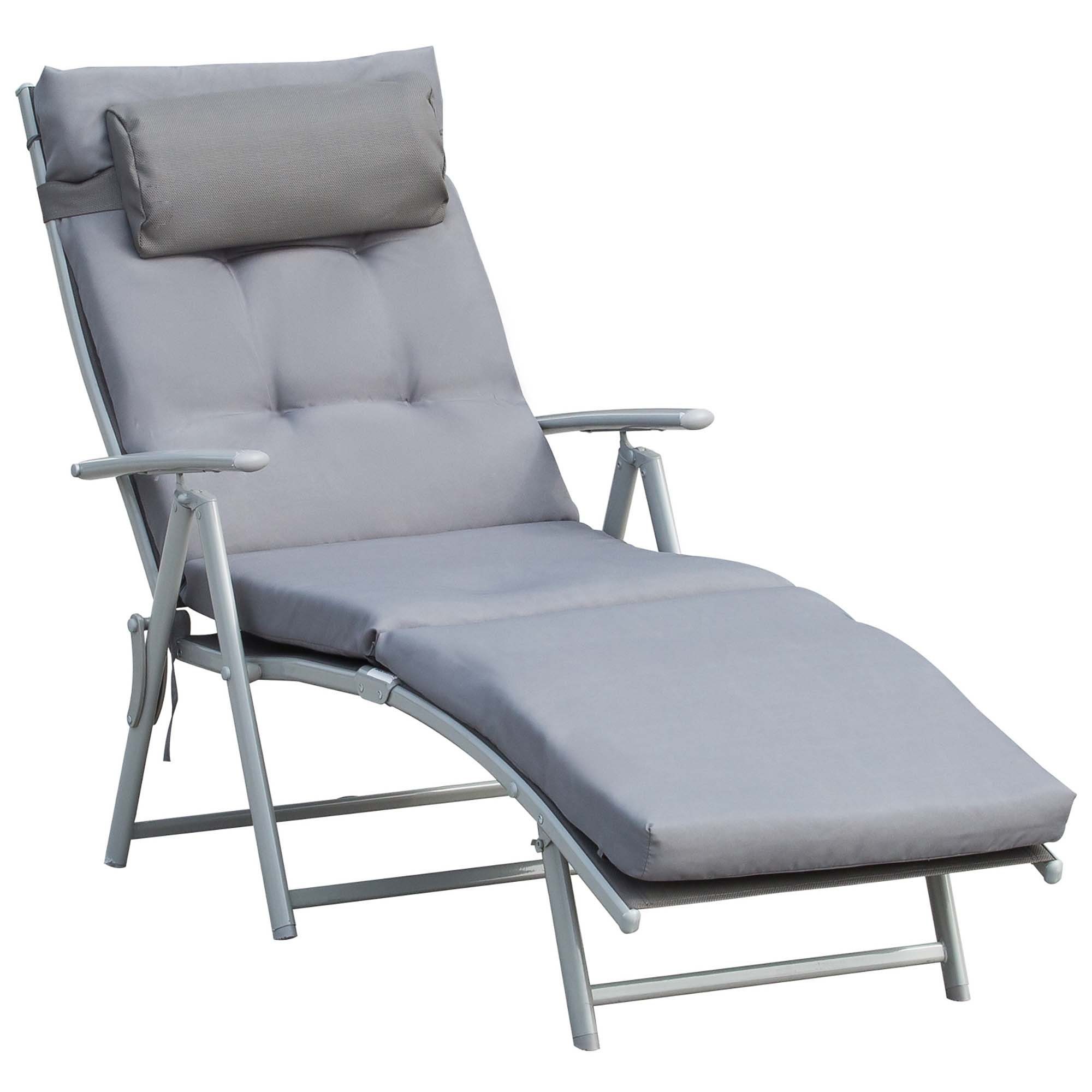 Outsunny Gartenliege Strandliege mit Kopfkissen, Liegestuhl bis 165 kg belastbar., Liege, 1 St., Sonnenliege, Gartenliege 7-stufig Verstellbar Klappbar Metall Grau