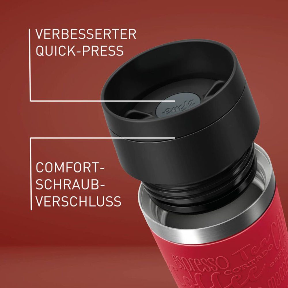 Emsa Thermobecher Travel Mug Classic, mit 360°-Trinköffnung, auslaufsicher, rutschfest, Edelstahl, Kunststoff, Silikon, 4h heiß, 8h kalt - 360 ml / 6h heiß, 12h kalt - 500 ml, 100% dicht