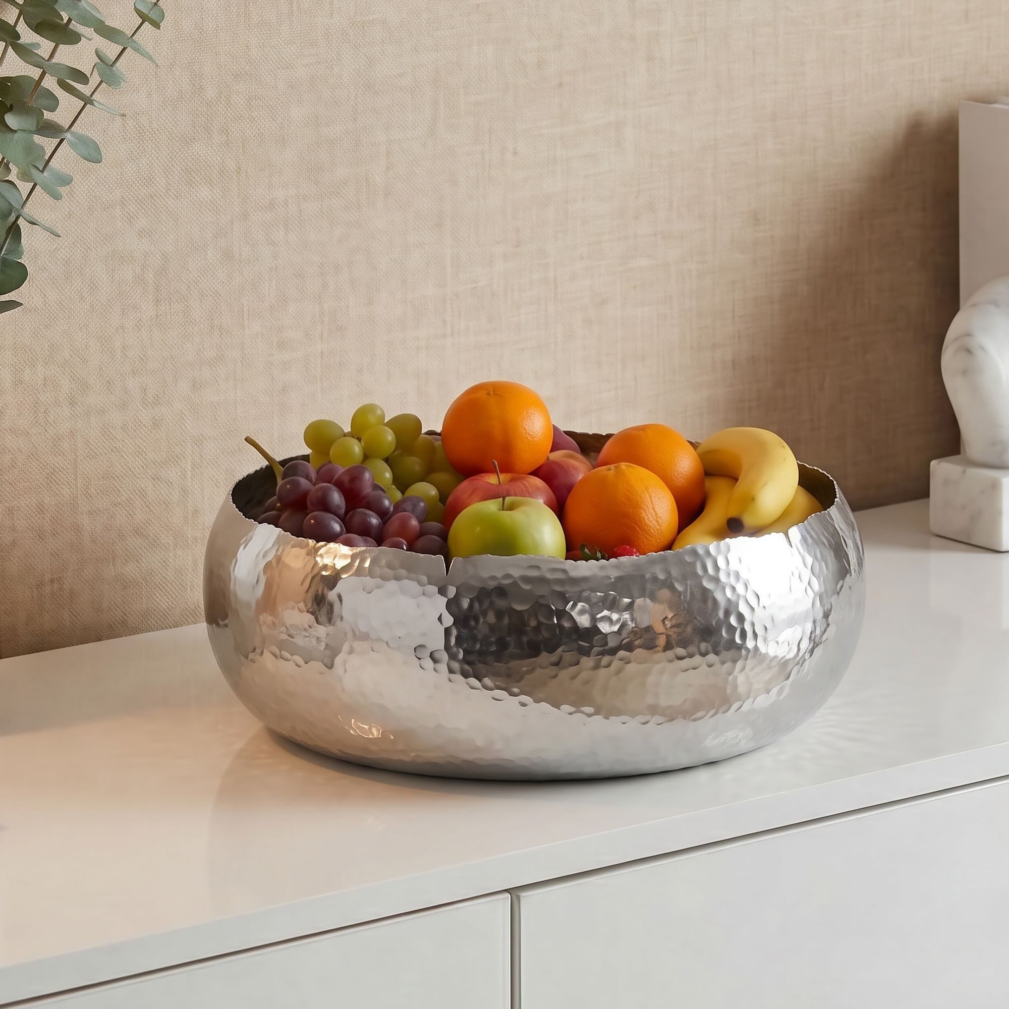 FINEBUY Obstschale FB77791 Metallschale Aluminium Silber 35cm Obstkorb Metall Rund, Aluminium, (Bauchige Früchteschale für deine heimische Küche), Stabile Schale mit Hammerschlag Struktur