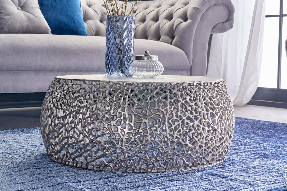 LebensWohnArt Couchtisch Extravaganter Couchtisch RIXOS ca.73cm silber Metall Handarbeit