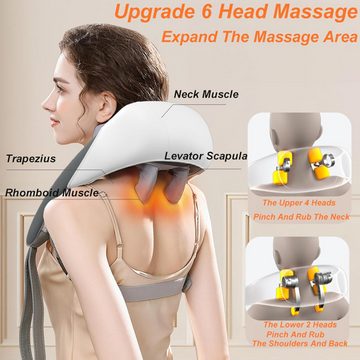 XDOVET Nacken-Massagekissen 3D-Knetmassage-Kissen und Rückenmassagegerät wohltuender Wärme, 6 Silikon-Massageköpfe, Gurtband, Elektrisches, 2000 mAh-Akku