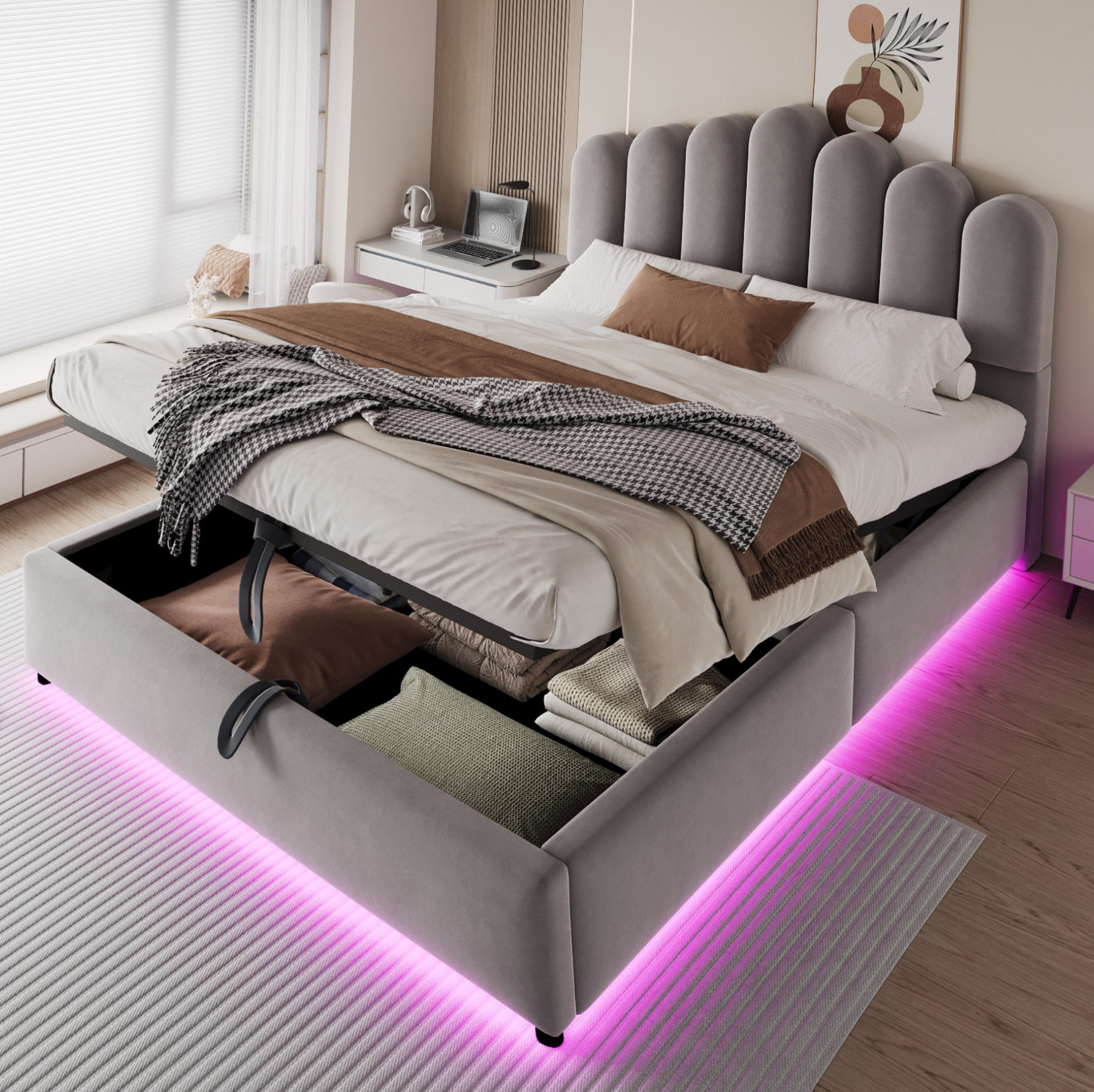 REDOM Polsterbett mit Samtbezug, LED-Lichtband, Jugendbett mit hydraulischem Stauraum (140x200 cm Stauraumbett, robustem Lattenrost und voluminösem Kopfteil, 1-tlg., Doppelbett Kinderbett), ohne Matratze