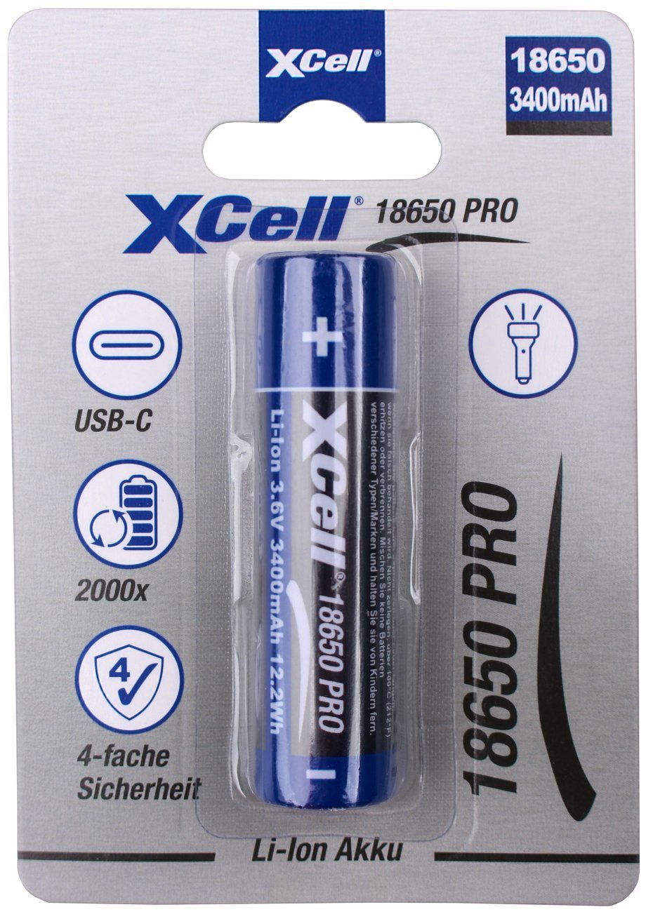 XCell Akku 3400mAh XCell 18650 Pro mit USB-C Akku 3,6V Li-Ion