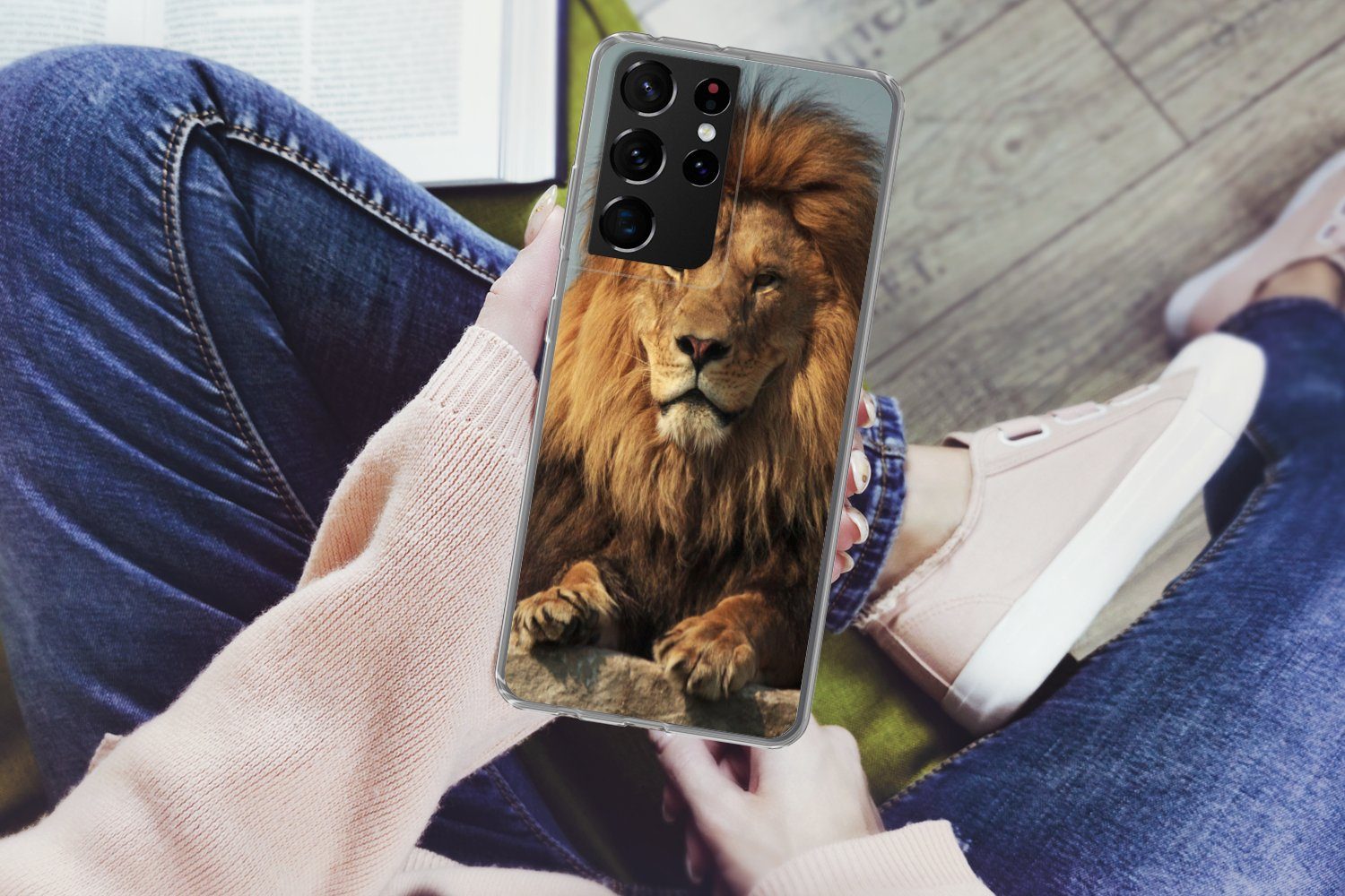 MuchoWow Handyhülle für Samsung Galaxy S21 Ultra Löwe - Felsen - Porträt, Phone Case, Silikon, Schutzhülle Dünn