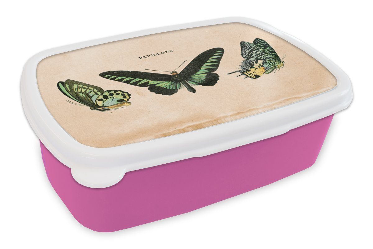 MuchoWow Lunchbox Schmetterling - Tier - Insekt, Kunststoff, (2-tlg), Brotbox für Erwachsene, Brotdose Kinder, Snackbox, Mädchen, Kunststoff rosa