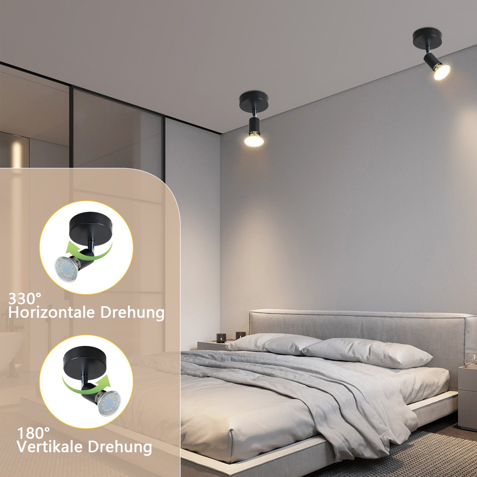 ZMH Deckenleuchte Deckenstrahler Modern Wandbeleuchtung Deckenlampe MAX.40W, ohne Lampen Spot Schwarz Stoffschrim für Schlafzimmer, Leuchtmittel, Wand