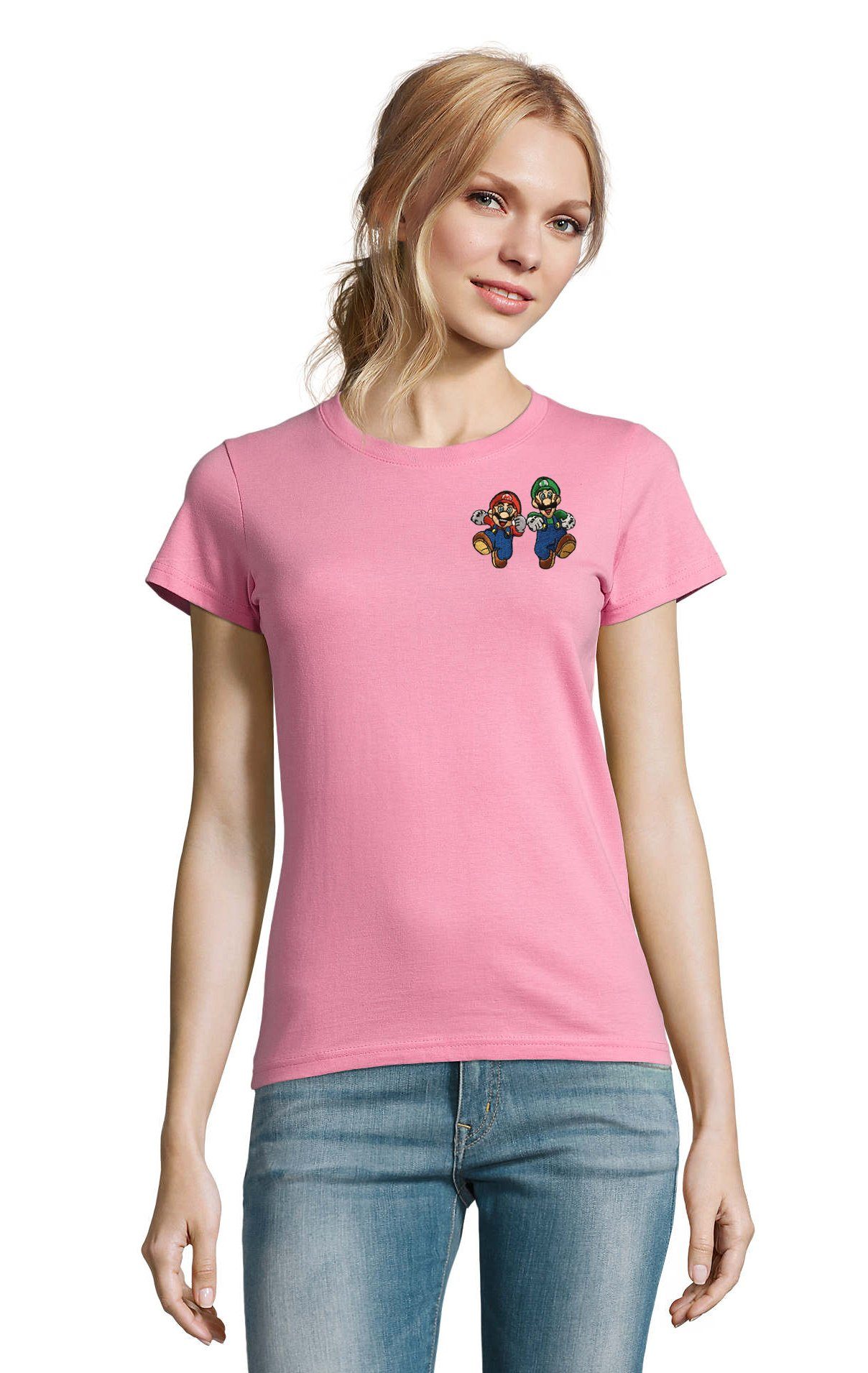 Rosa T-Shirt Gaming Mario & Stick Blondie Luigi & Brownie Bowser Nintendo Damen Brust Yoshi bestickt