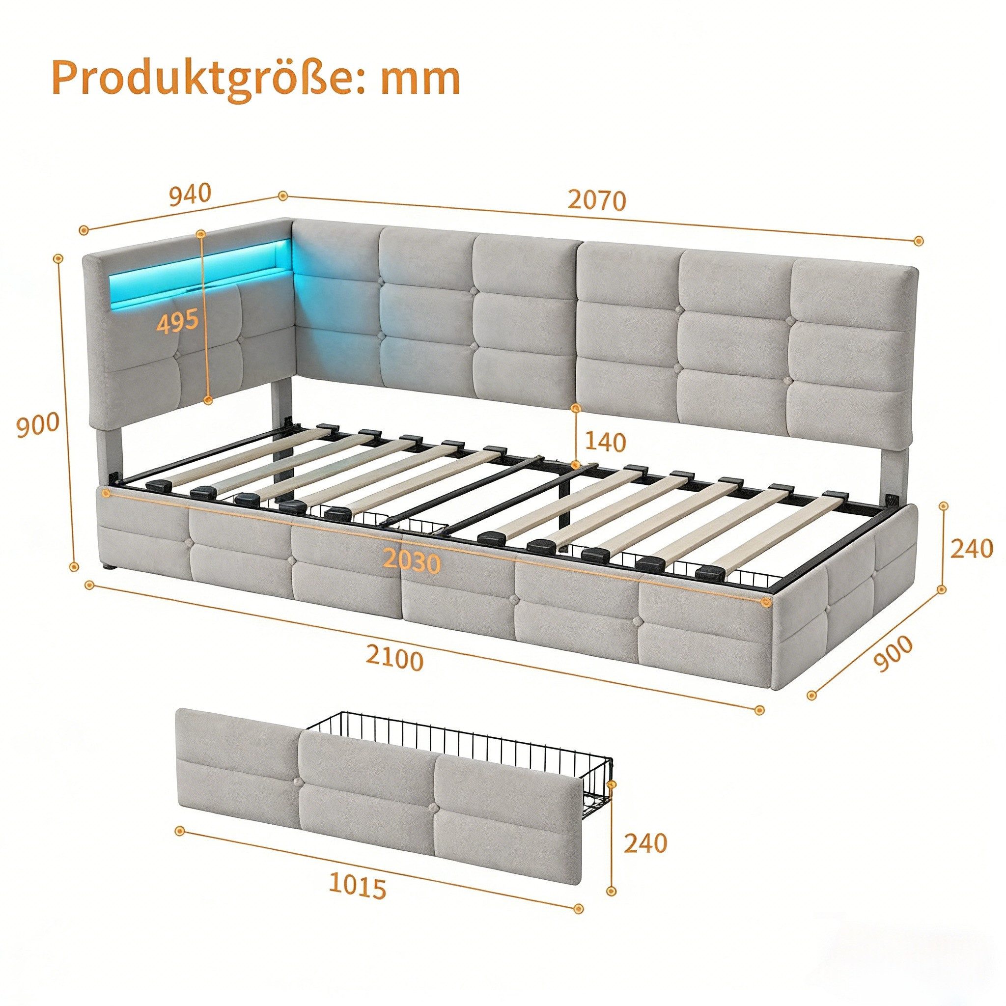 Gdood Polsterbett Daybett Jugendbett Tagesbett (1-tlg., 2 Schubladen, Geeignet für Jungen und Mädchen), Mit LED-Beleuchtung, Ladefunktion, Leinen, 90x200 cm