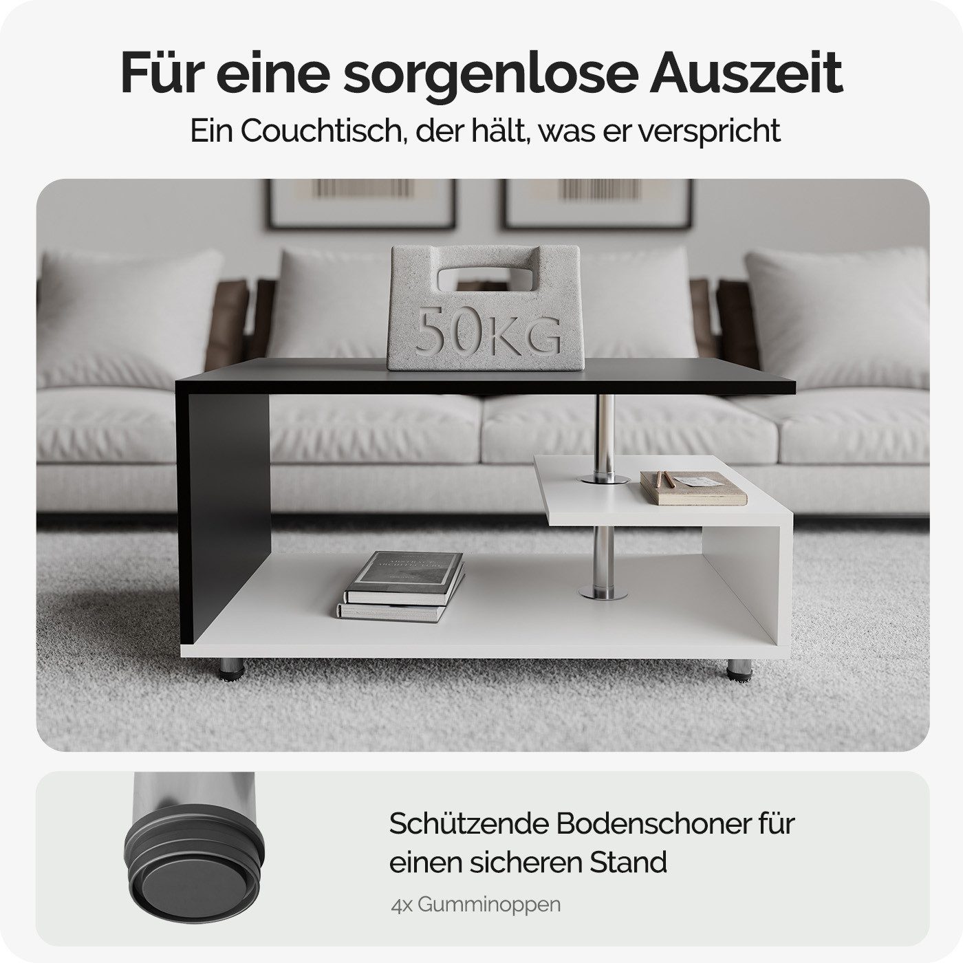 Casaria Couchtisch Orlando, Stauraum Ablagen Holz Modern Höhenverstellbar 95x55x50cm Schwarz Weiß – Bild 4 von 5
