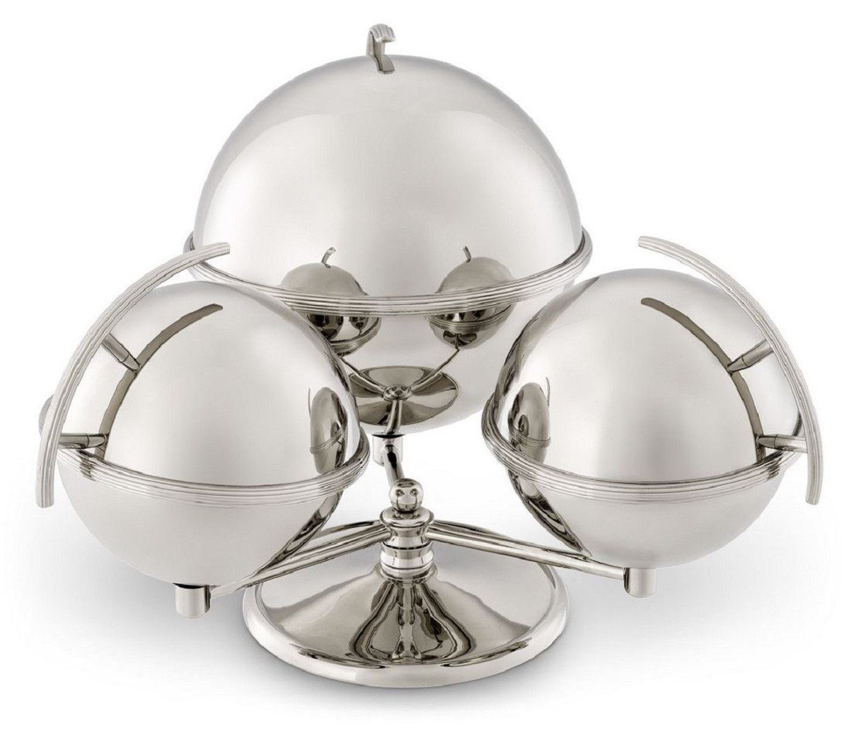 Casa Padrino Dekoobjekt Luxus Servierschüssel 3er Set mit Ständer Silber 35,5 x 32,5 x H. 23,5 - Messing Schüsseln mit Schiebedeckel - Luxus Hotel & Restaurant Accessoires - Luxus Kollektion