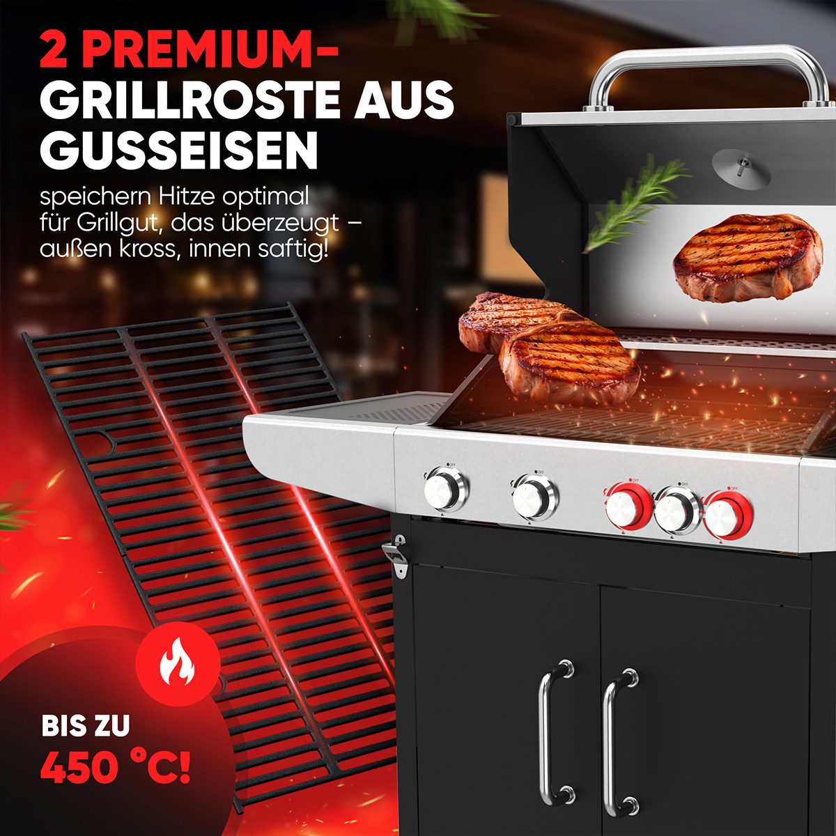 ProfiCook Gasgrill PC-GG 1312, Gasgrill bis zu 450°C, Grillroste aus Gusseisen