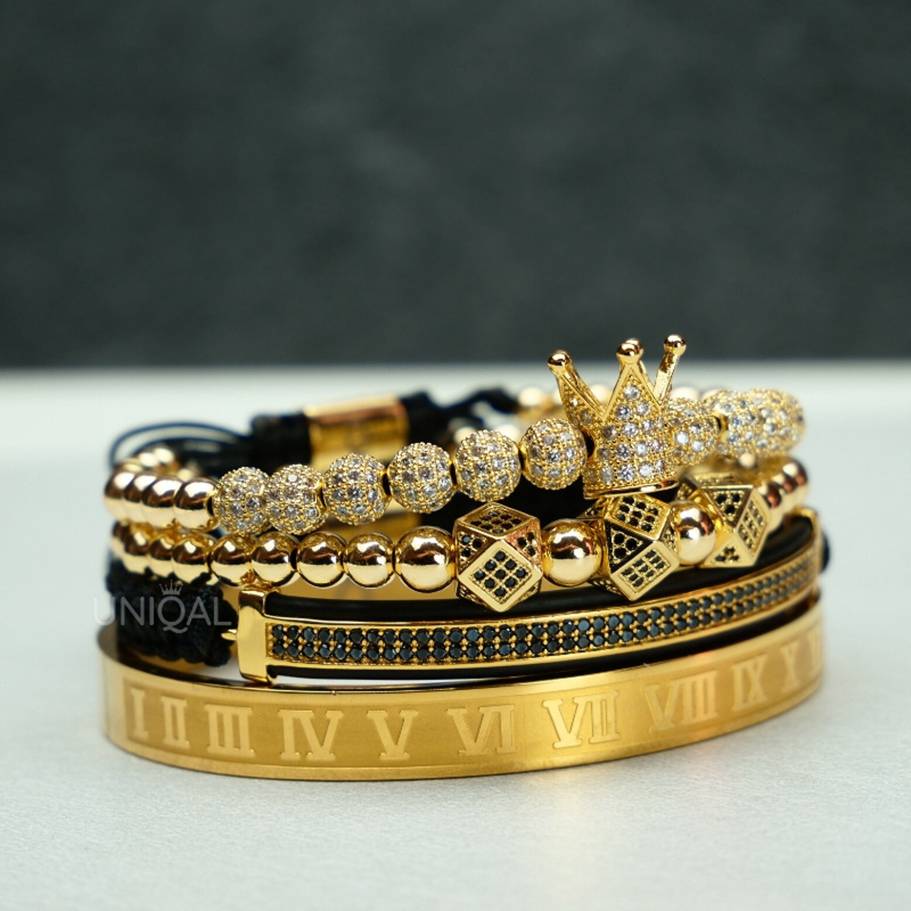 UNIQAL.de Edelstahlarmband Set Edelstahlarmband SET Herren "ROYAL KING" vergoldet - Set 4-Armbänder (Edelstahl, Casual Style, handgefertigt), mit Zirkonia