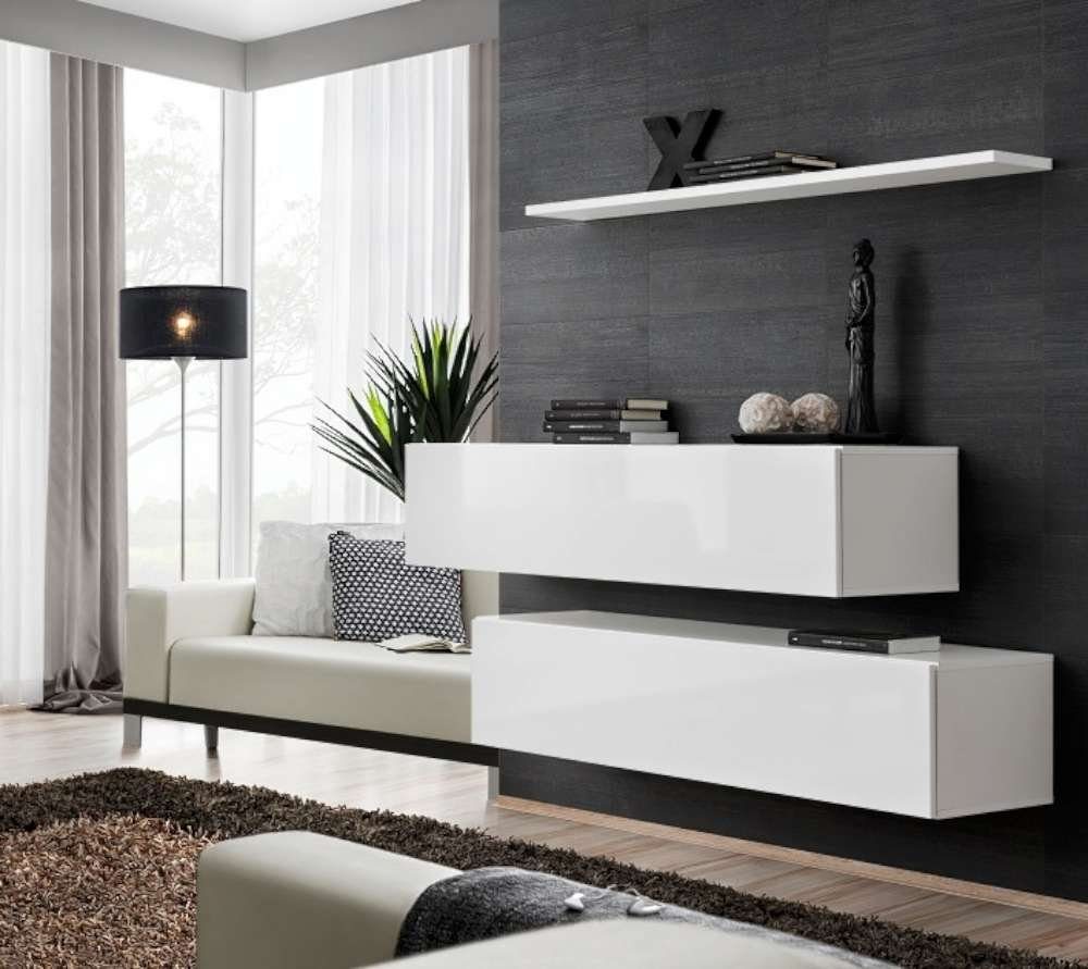 Stylefy Wohnwand SWOTCH SB II 110x130x30 cm, (Wohnmöbel, Wohnzimmer-Set, Set (3-St), bestehend aus 2xLowboard, 1xWandboard, variabel hängbar, Hochglanzfronten, mit Push-to-Open, Modern Weiß Matt / Weiß Hochglanz