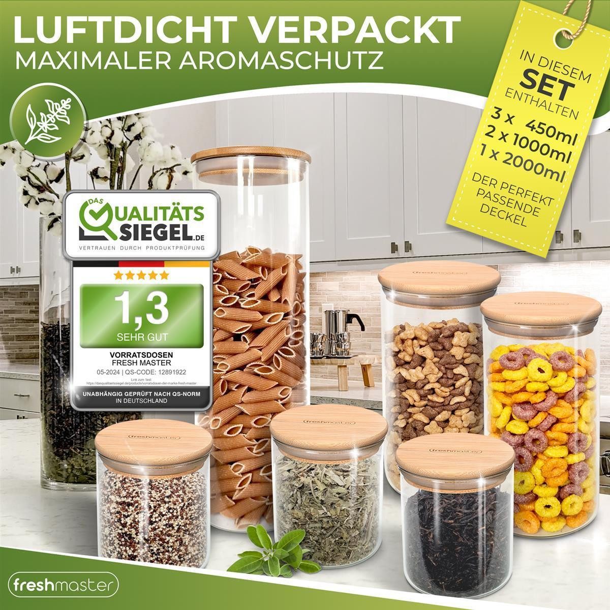 Fresh Master Vorratsglas Vorratsdosen Glas mit Bambus-Deckel, Borosilikatglas, (12-tlg), Vorratsgläser mit Bambusdeckel für luftdichte Aufbewahrung – Bild 5 von 5