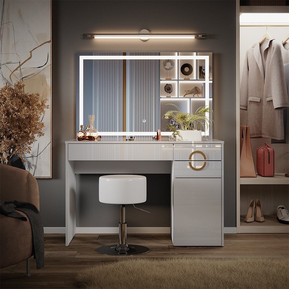 Vicco Schminktisch Adela, Weiß Hochglanz, 115 cm mit LED Spiegel und Hocker günstig online kaufen