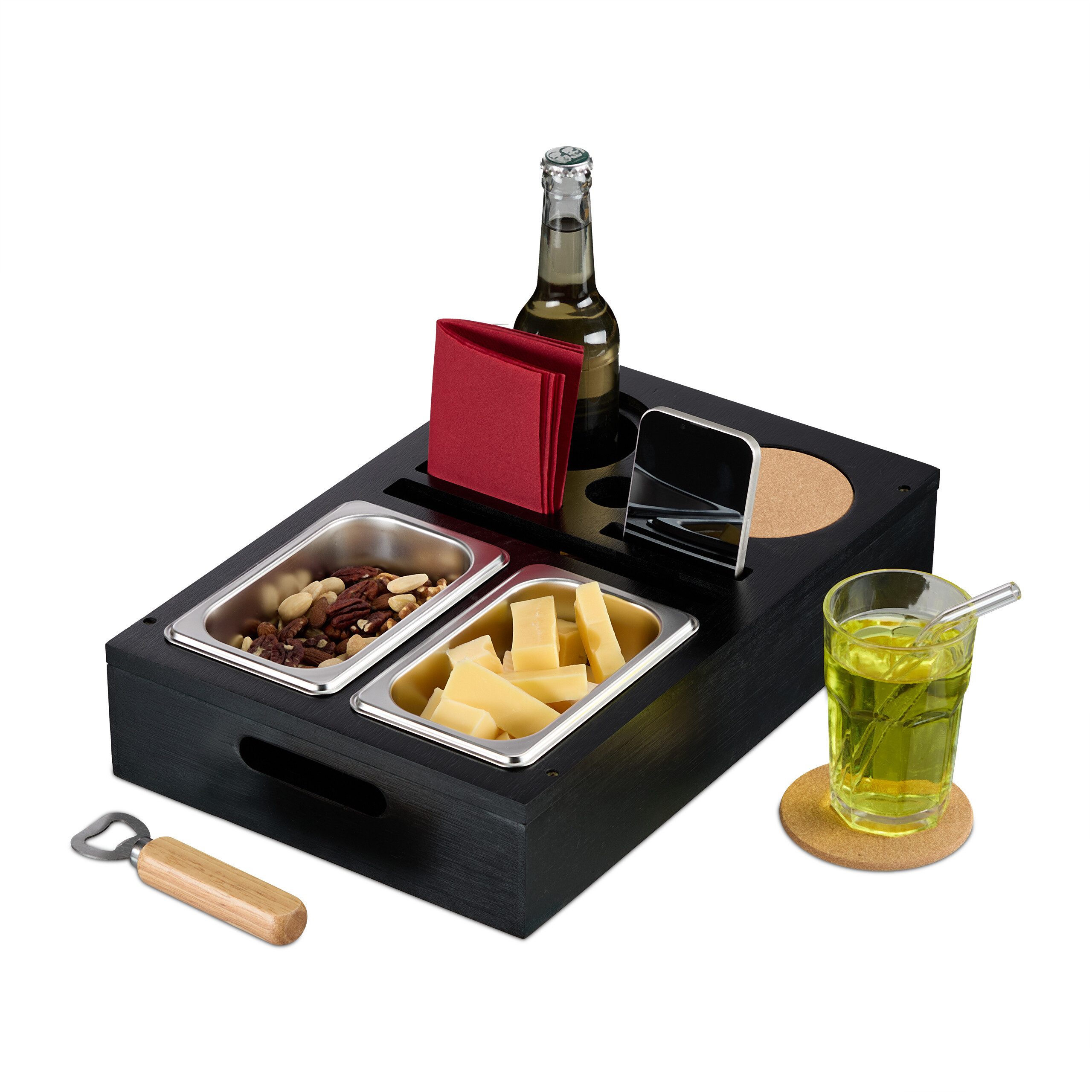 relaxdays Tabletttisch Couchbar mit Snackschalen, Schwarz günstig online kaufen