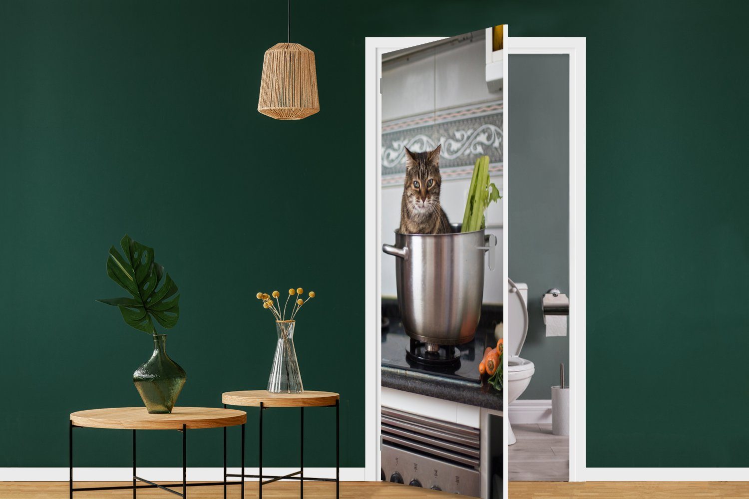 MuchoWow Türtapete - Katze für Tür, Pfanne Küche, (1 - Türaufkleber, Matt, Fototapete St), cm bedruckt, 75x205