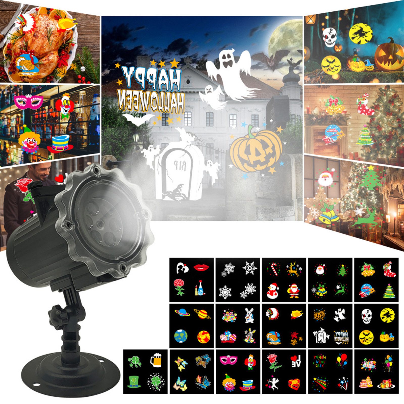 BlingBin Projektionslampe Halloween Projektor Aussen, LED Projektionslampe mit 64 Cartoons, mit Fernbedienung, LED fest integriert, jeweils 4 Cartoon-Muster, Wasserdichte Projektor Lichter für Weihnachtsdeko Innen Aussen