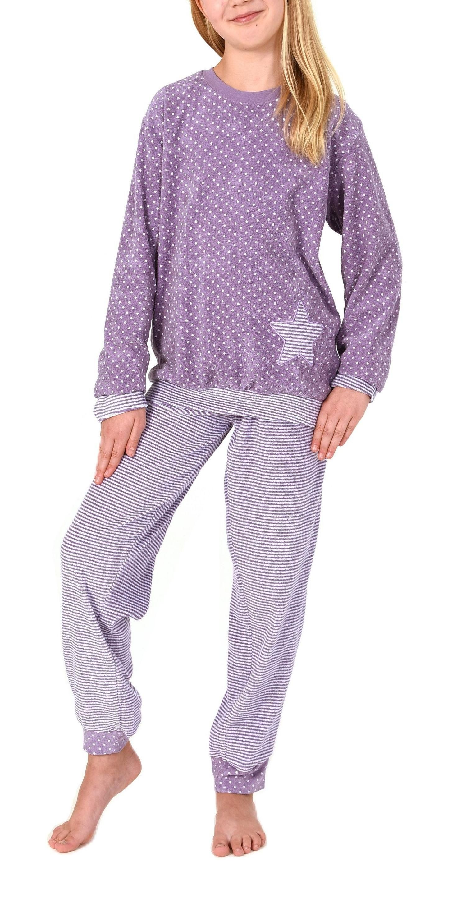 Pyjama Normann Mädchen Frottee Pyjama langarm in Tupfen- und Ringeldesign