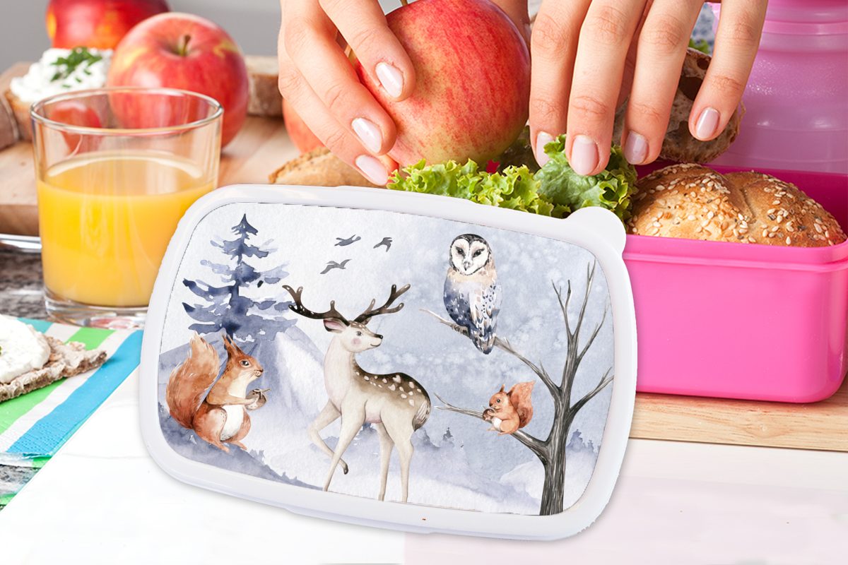 Erwachsene, Lunchbox MuchoWow Kinder, für - Mädchen, Kunststoff, Winter Snackbox, Brotbox Schnee (2-tlg), Hirsche, - Brotdose Kunststoff rosa