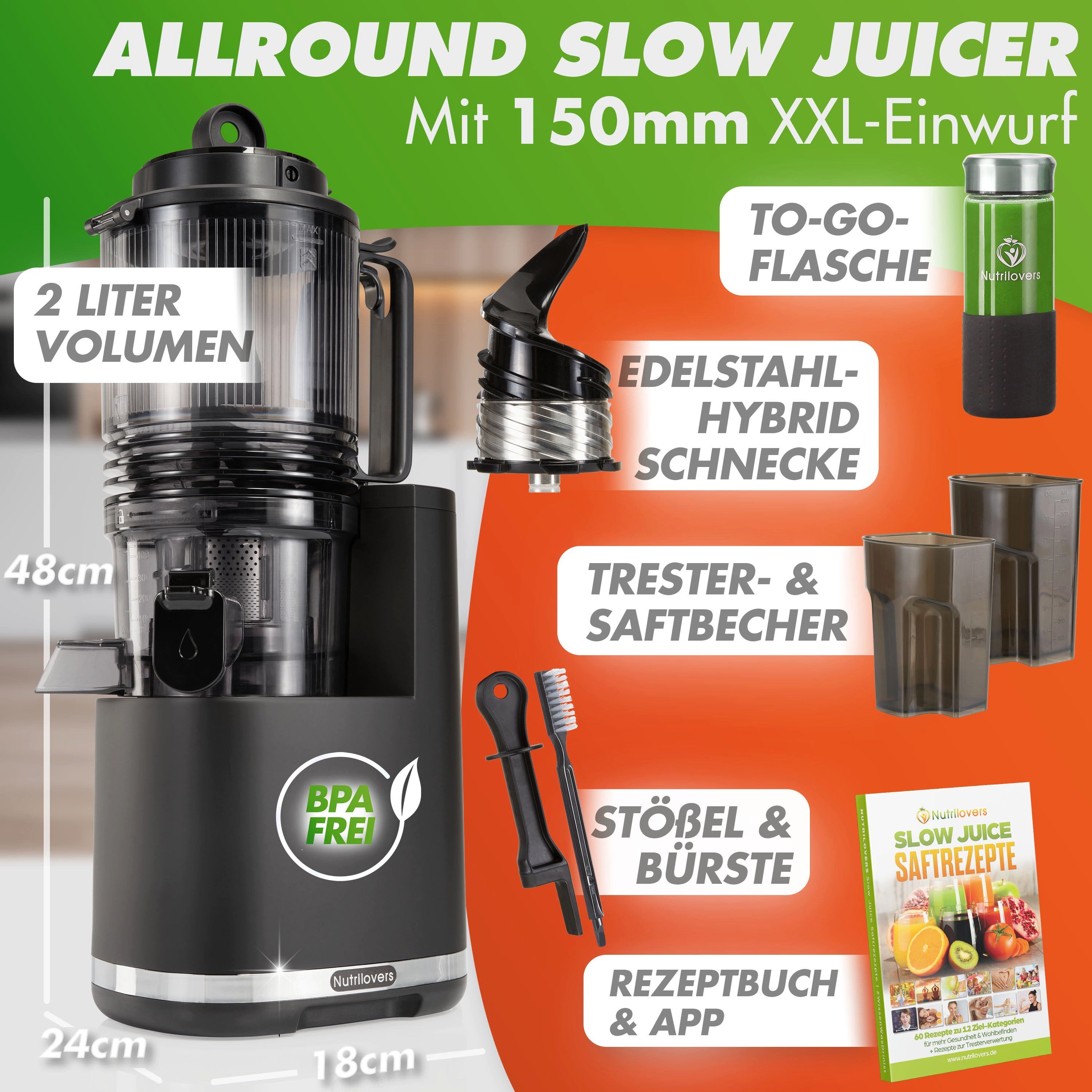 Nutrilovers Slow Juicer Nährstoff-Entsafter - Slow Juicer - XXL-Öffnung - Saft für Zuhause, 250 W