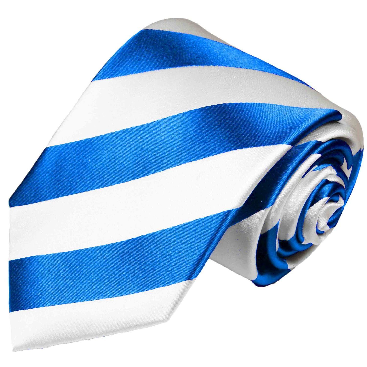 Seidenkrawatte gestreift 2-St., hellblau mit weiß modern 413 (6cm), Seide Krawatte Herren Tuch Krawatte Schmal (Set, Malone Einstecktuch) 100% Streifen Paul mit