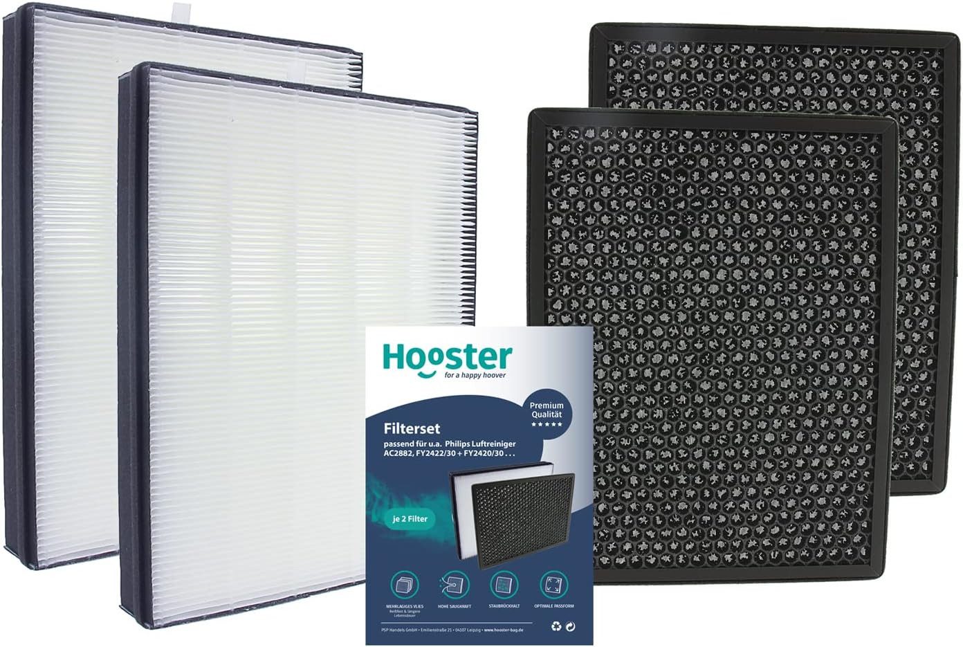 Hooster Luftfilter 2 Hepa Filter + 2 Aktivkohlefilter im SET passend für Philips, Luftreiniger 2000 Series AC2887 AC2889 AC3829