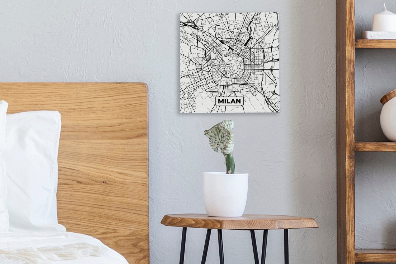 OneMillionCanvasses® Leinwandbild Wohnzimmer Schlafzimmer Karte Mailand Stadtplan - Schwarz - (1 St), Bilder - für und Karte, - weiß Leinwand