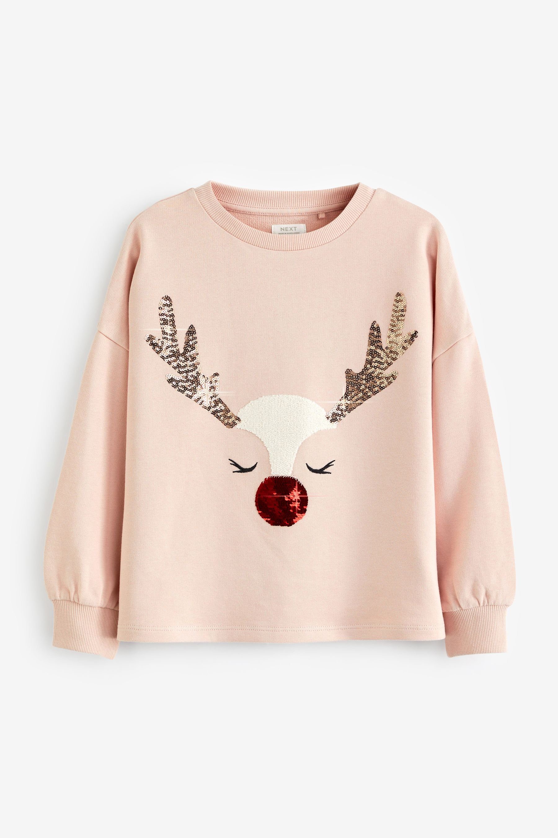 Next Langarmshirt Weihnachtliches Langarmshirt mit Pailletten (1-tlg) Pink Reindeer