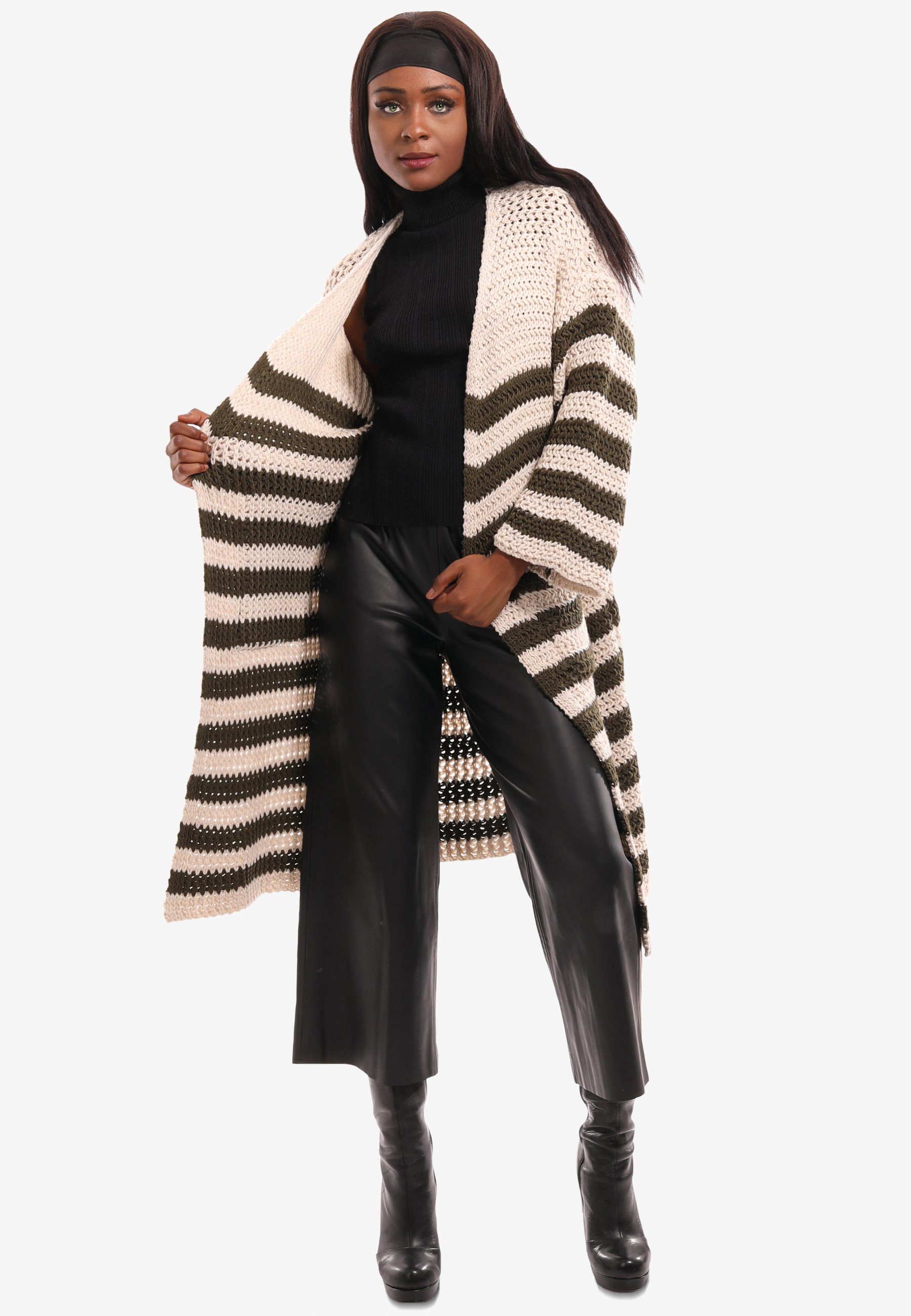 YC Fashion & Style khaki "Striped XXL-Einschubtaschen Unifarbe Cardigan in Comfort" mit (1-tlg)