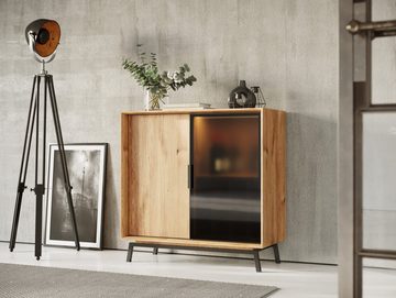 Natur24 Highboard Highboard Loft Eichenholz Natur Schwarz mit Schiebetüren 101x45x101cm