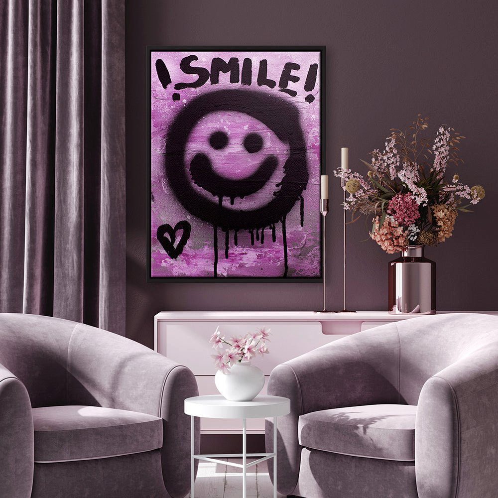 emoji premi mit weißer schwarz smile Leinwandbild Rahmen Leinwandbild, DOTCOMCANVAS® smilie lila graffiti lächle