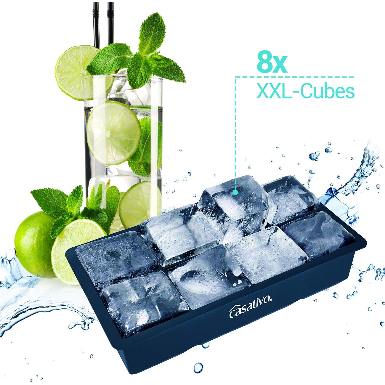 Casativo Eiswürfelform XXL Silikon Eiswürfelform - 8 große Fächer 5x5cm - BPA-frei, (3-tlg), XXL Silikon Eiswürfelform, 8 Eiswürfel, BPA-frei