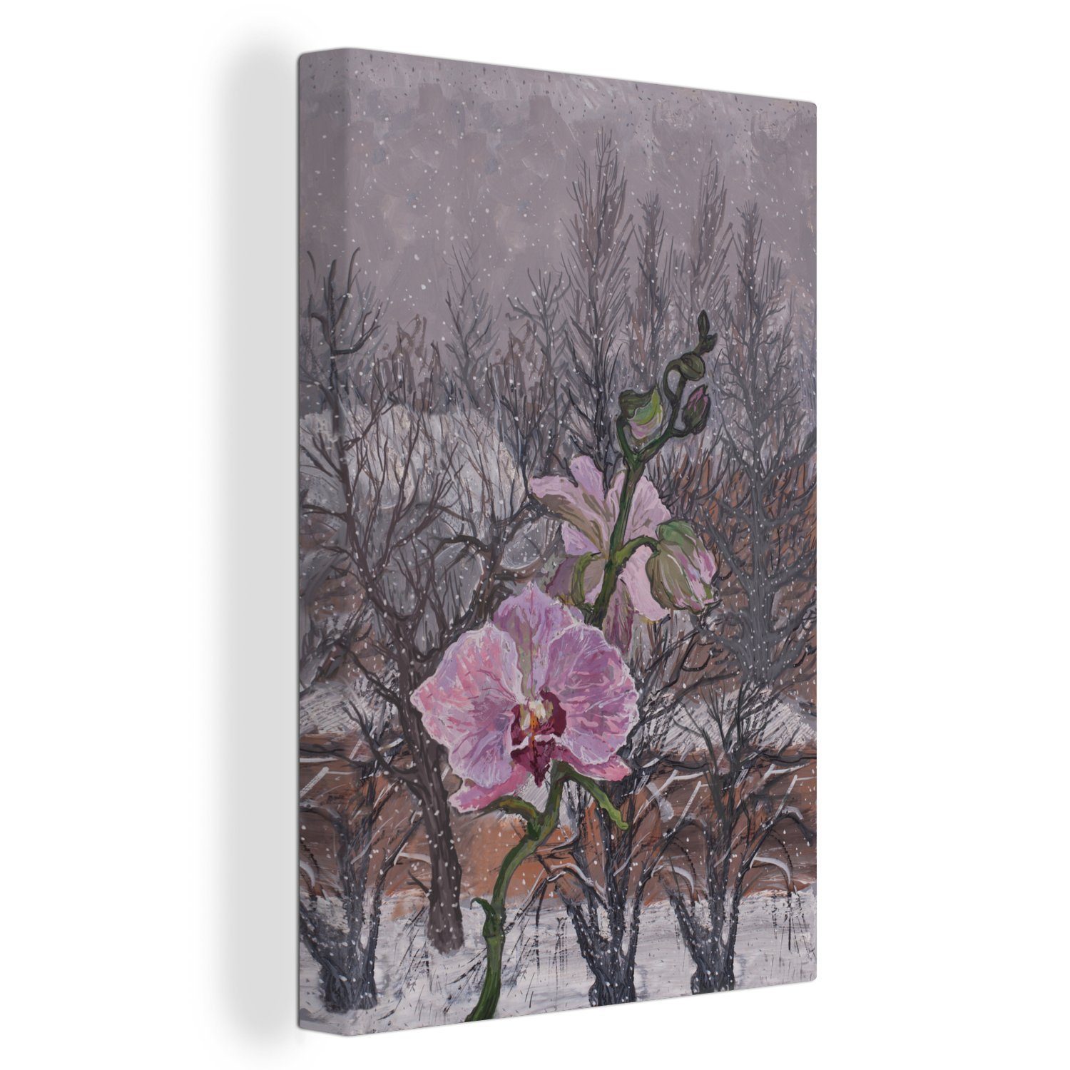 OneMillionCanvasses® Leinwandbild Eine winterliche Illustration einer rosa Orchidee, (1 St), Leinwandbild fertig bespannt inkl. Zackenaufhänger, Gemälde, 20x30 cm
