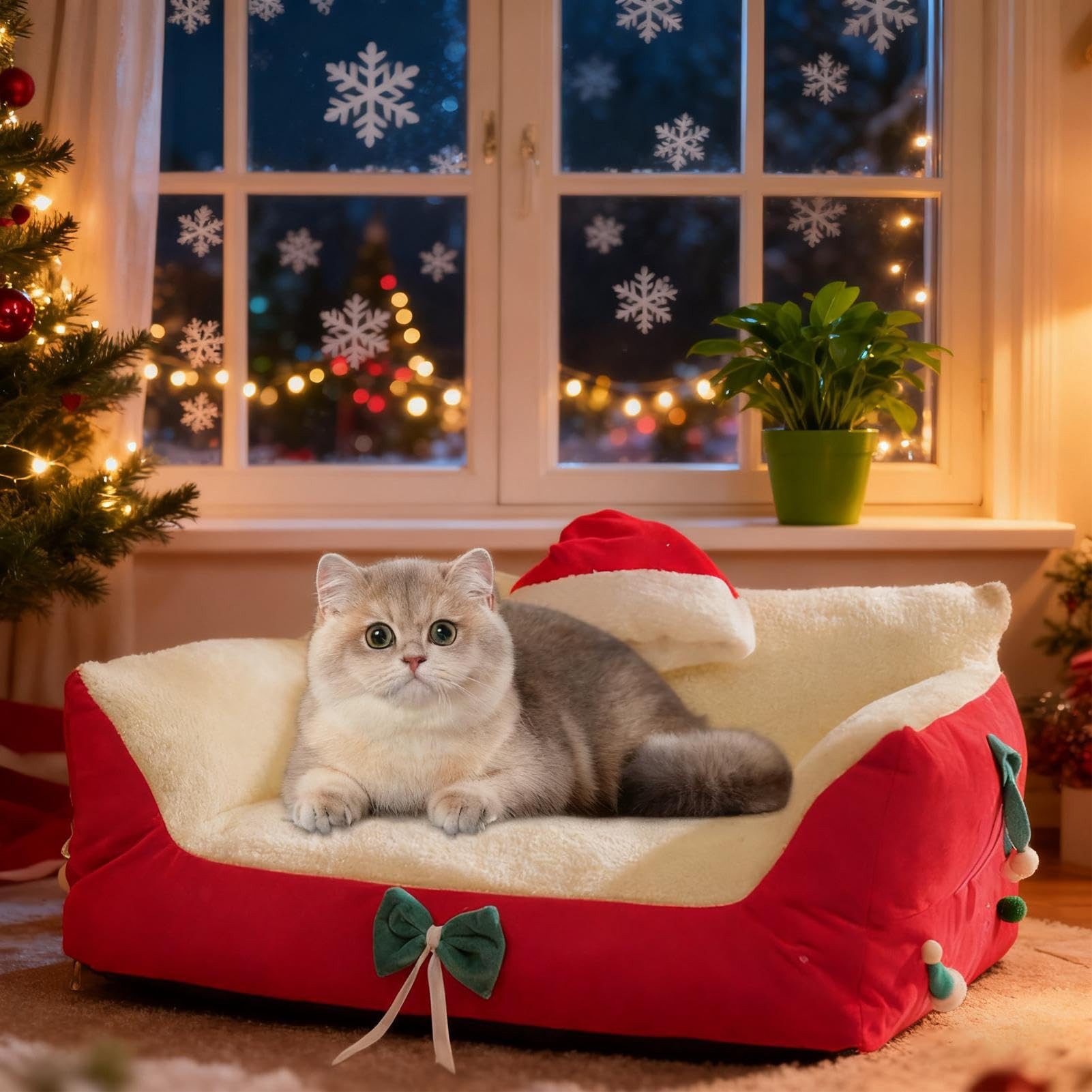 Ledander Tierbett Katzensofa, Weihnachtsstuhl mit Weihnachtsmannmütze, Katz günstig online kaufen
