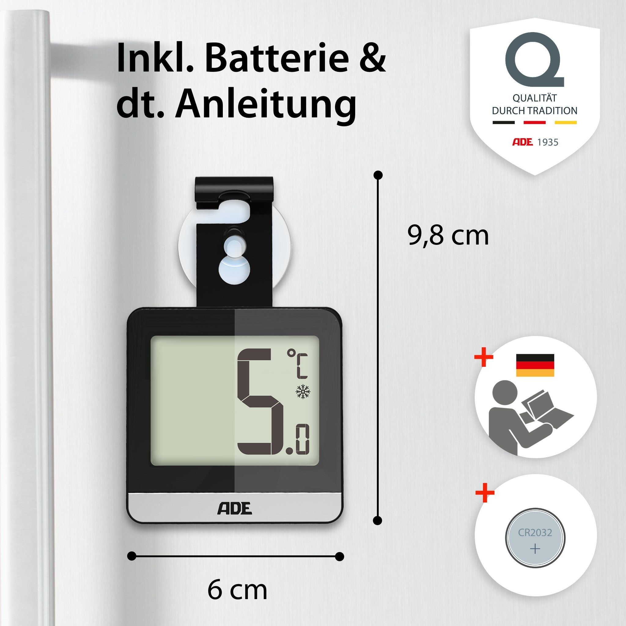 ADE Kühlschrankthermometer WS1832, mit Saugnapf, Magnet, Haken