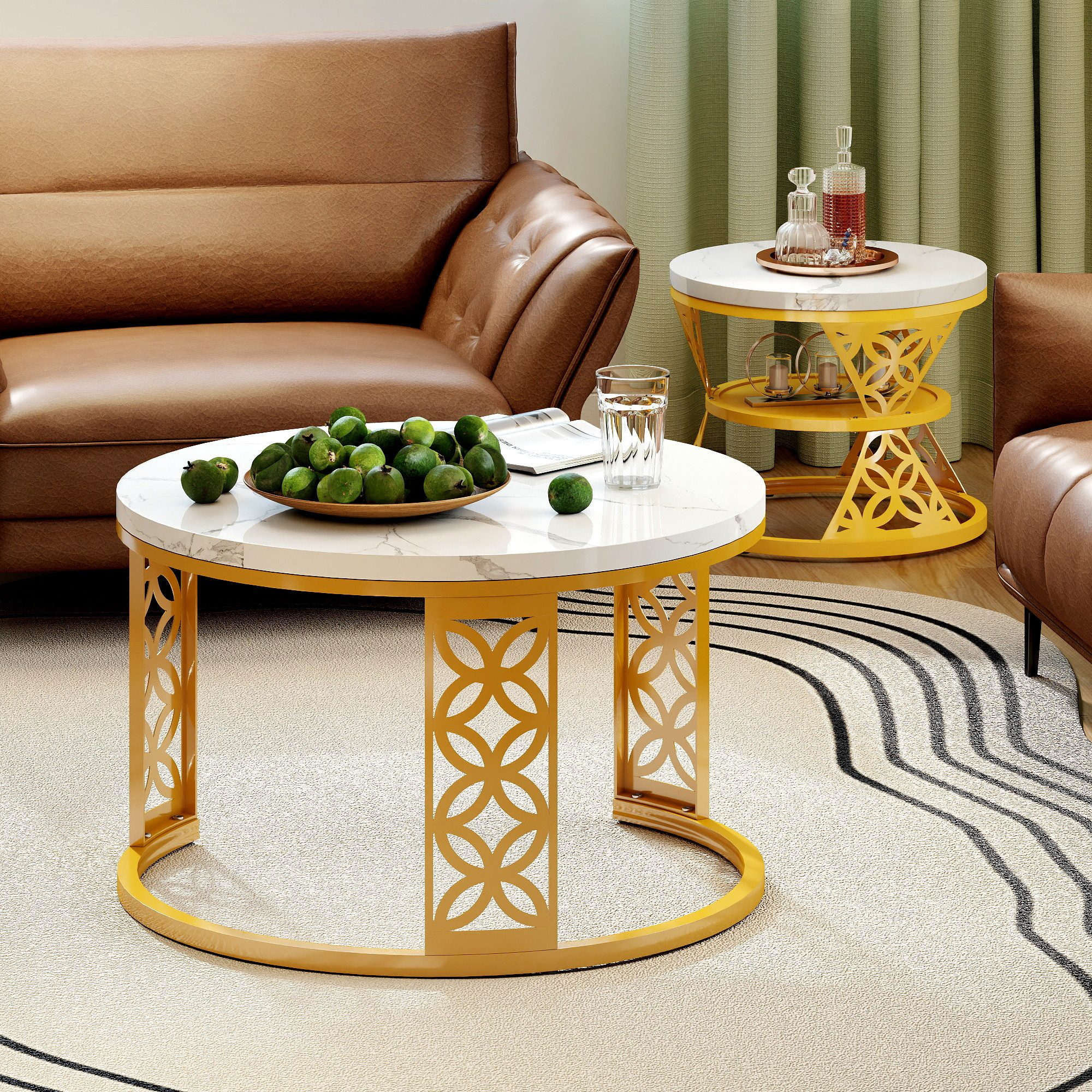 STILVORA Couchtisch Wohnzimmertische runde Satztisch Marmoroptik mit Bodenschutz,Sofatisch (Platzsparendes Design), Hitzebeständige, leicht zu reinigende Desktop